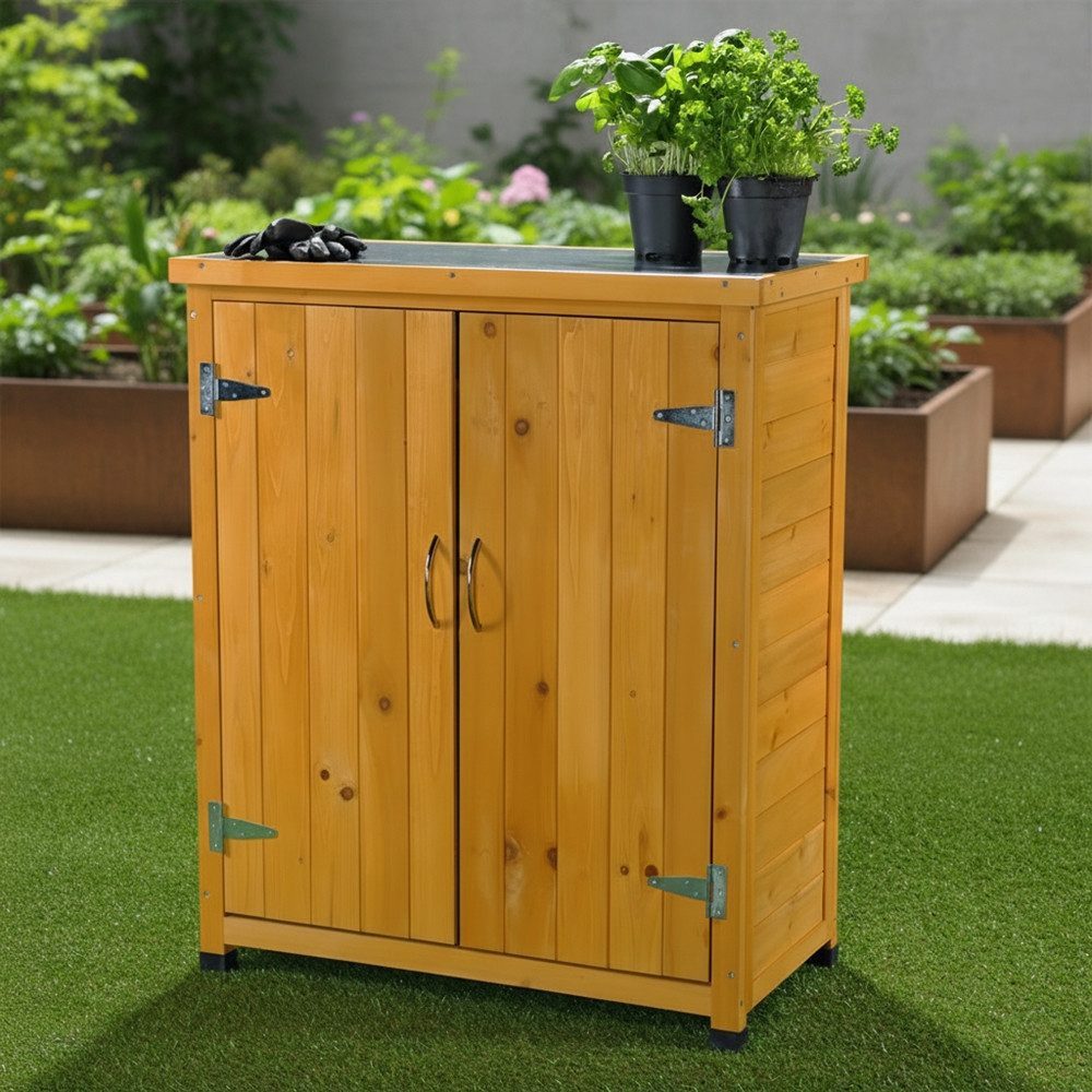Melko Garten-Geräteschrank Gartenschrank kompakt aus Holz 75x40 cm für geschützte Außenbereiche, BxT: 75x40 cm, (Einzelartikel), Kompakte Bauweise mit mehreren Ablagefächern