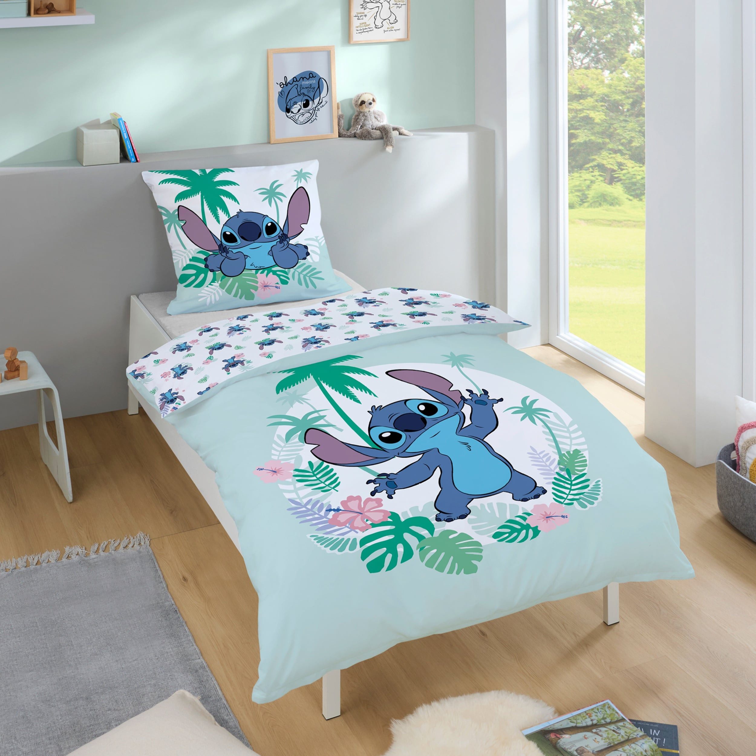 Familando Kinderbettwäsche Lilo und Stitch "Aloha" aus 100% Baumwolle mit Reißverschluss, Linon, 2 teilig, mit Schriftzug und Wendeseite