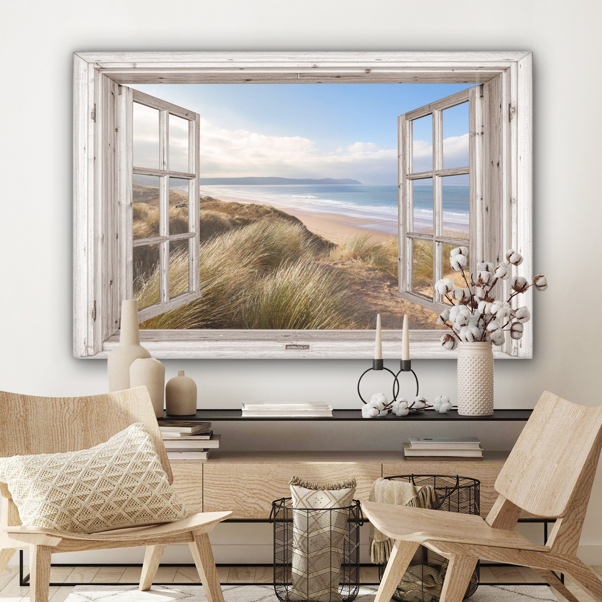 Meer - Strand OneMillionCanvasses® - großes, Gemälde, 120x80 Dünen - Blau, - Strandgras Durchblick alle Wandbild XXL, cm (1 Wohnbereiche, Leinwandbild für Sand - St), -