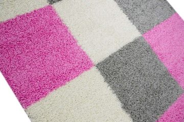 Hochflor-Teppich Shaggy Teppich Hochflor Langflor Teppich Wohnzimmer Kinderzimmer in Karo Design Pink Grau Creme, Teppich-Traum, rechteckig, Höhe: 30 mm
