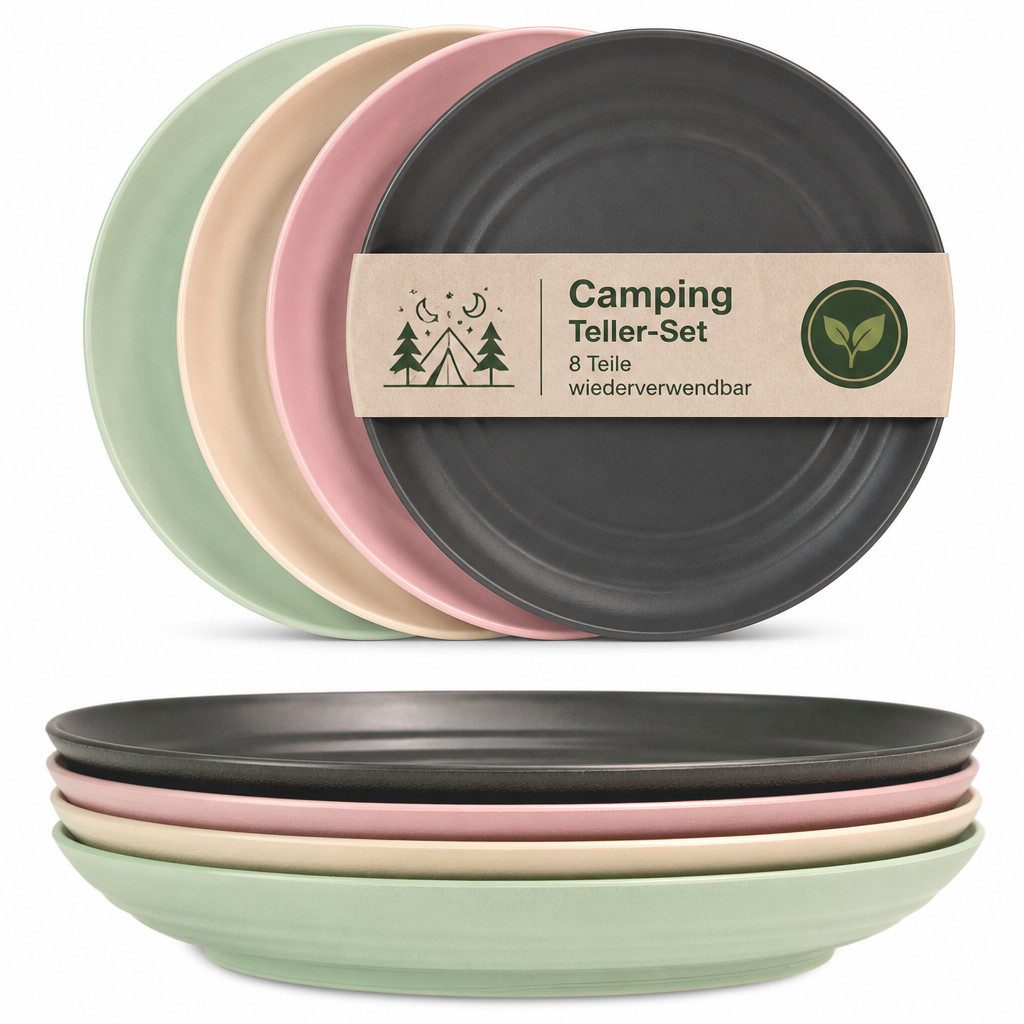 Hausfelder Teller-Set Teller Geschirr Set, Camping Teller Set 8 Personen 20 cm (8-tlg), Kunststoff, Tellerset in 4 Farben, spülmaschinengeeignet
