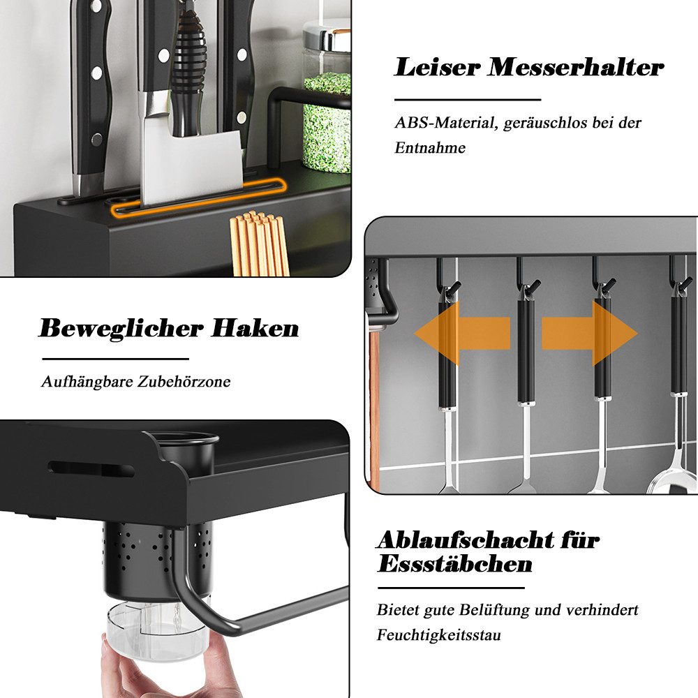 TUWENA Gewürzregal Gewürzregal Wand, GewürzregaleKüchenregal wand ohne Bohren, Gewürzregal Hängend mit Messerschlitz, 12 Haken, 2 Becher
