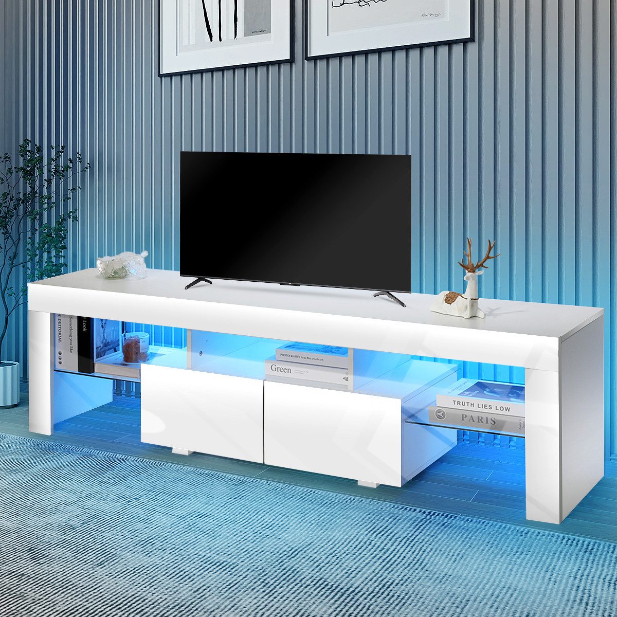 oyajia TV-Schrank Fernsehschrank mit LED-Beleuchtung, 160 cm Lowboard mit 2 Schubladen (Fernsehschrank, 3 offenes Regalfach, viel Stauraum) griffloses TV-Schrank, mit Glasrahmen, Fernsehschrank in wohnzimmer