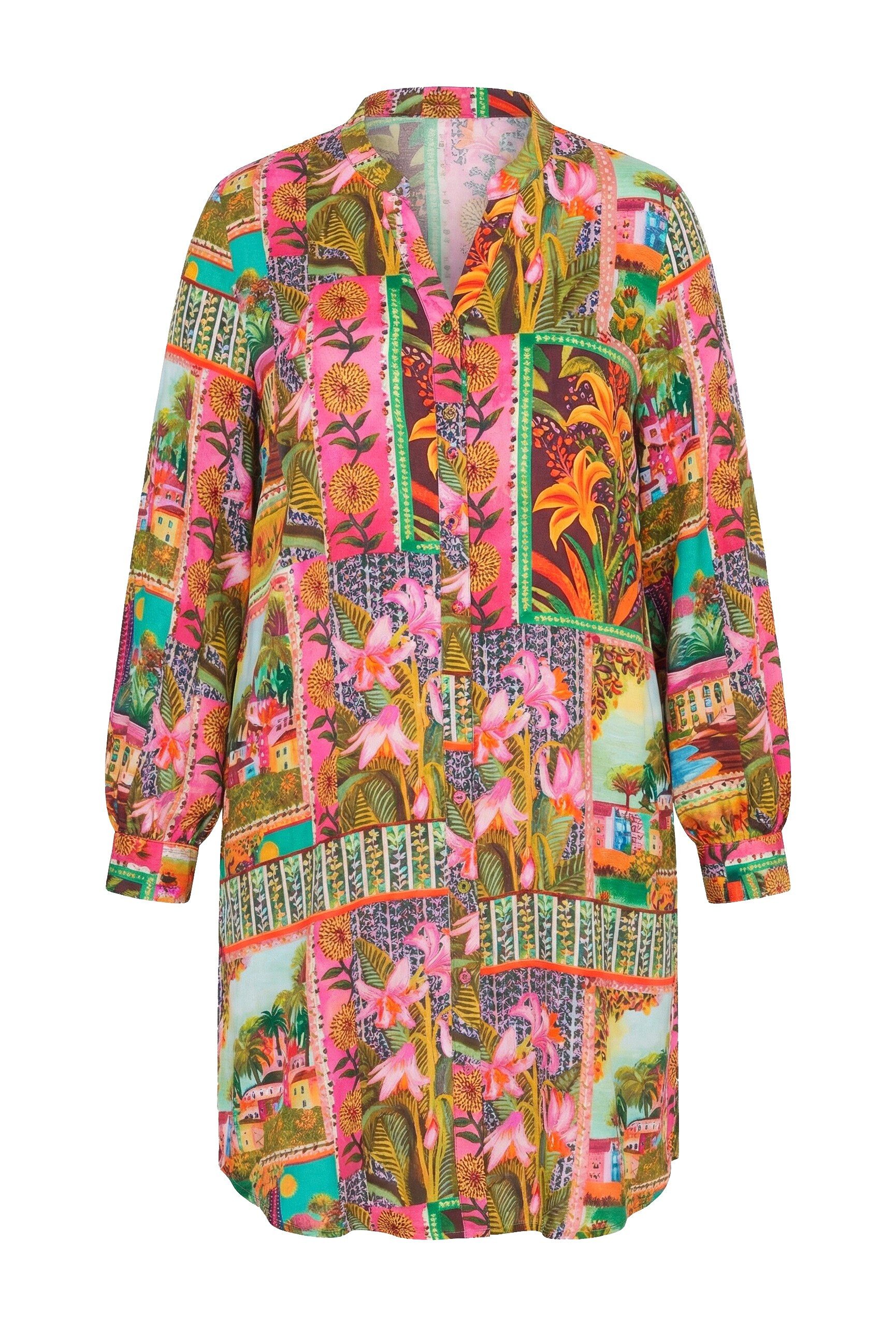 Midikleid Blusenkleid A-Linie Alloverprint weiter Langarm