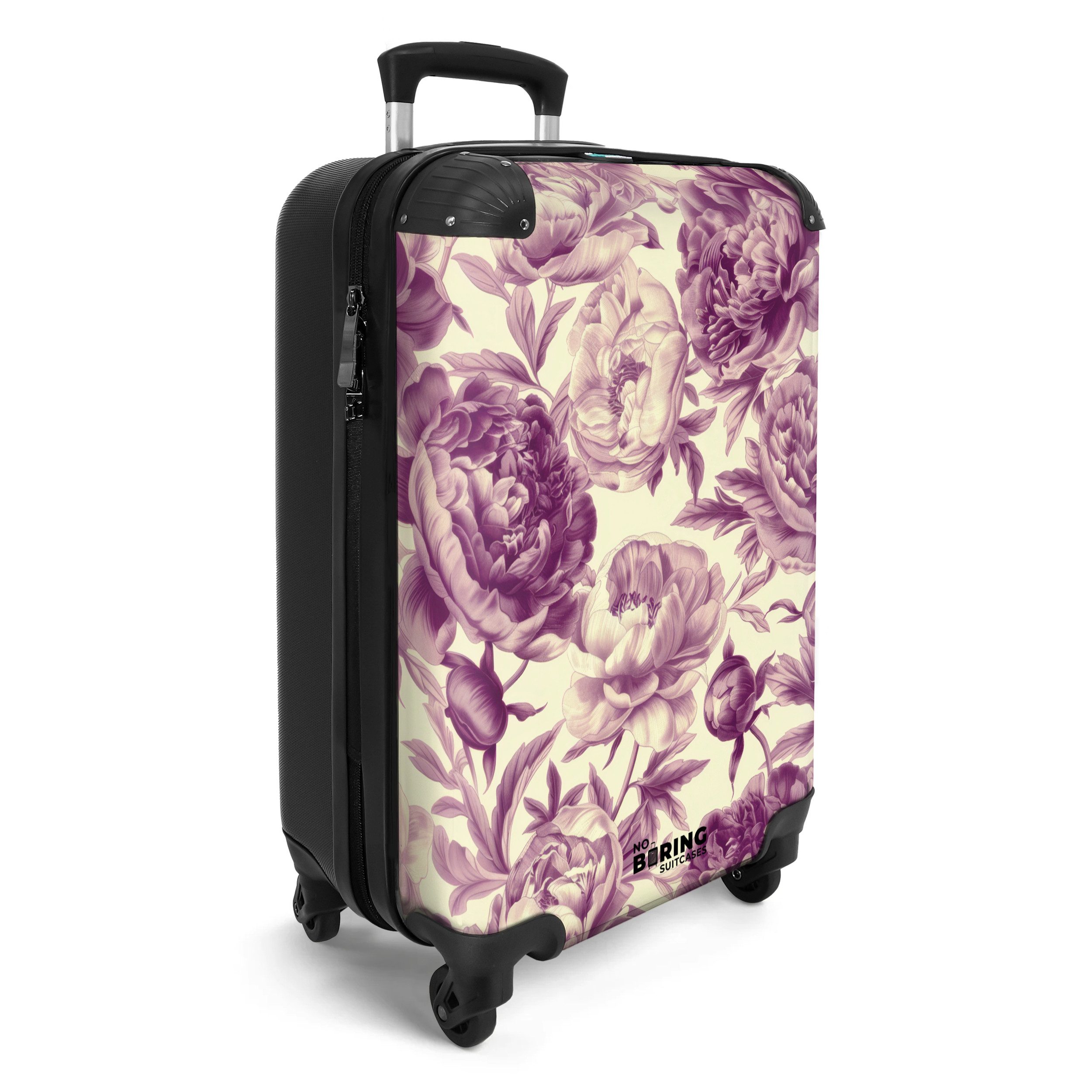 NoBoringSuitcases.com© Hartschalen-Trolley Weiß mit violetten Blüten günstig online kaufen