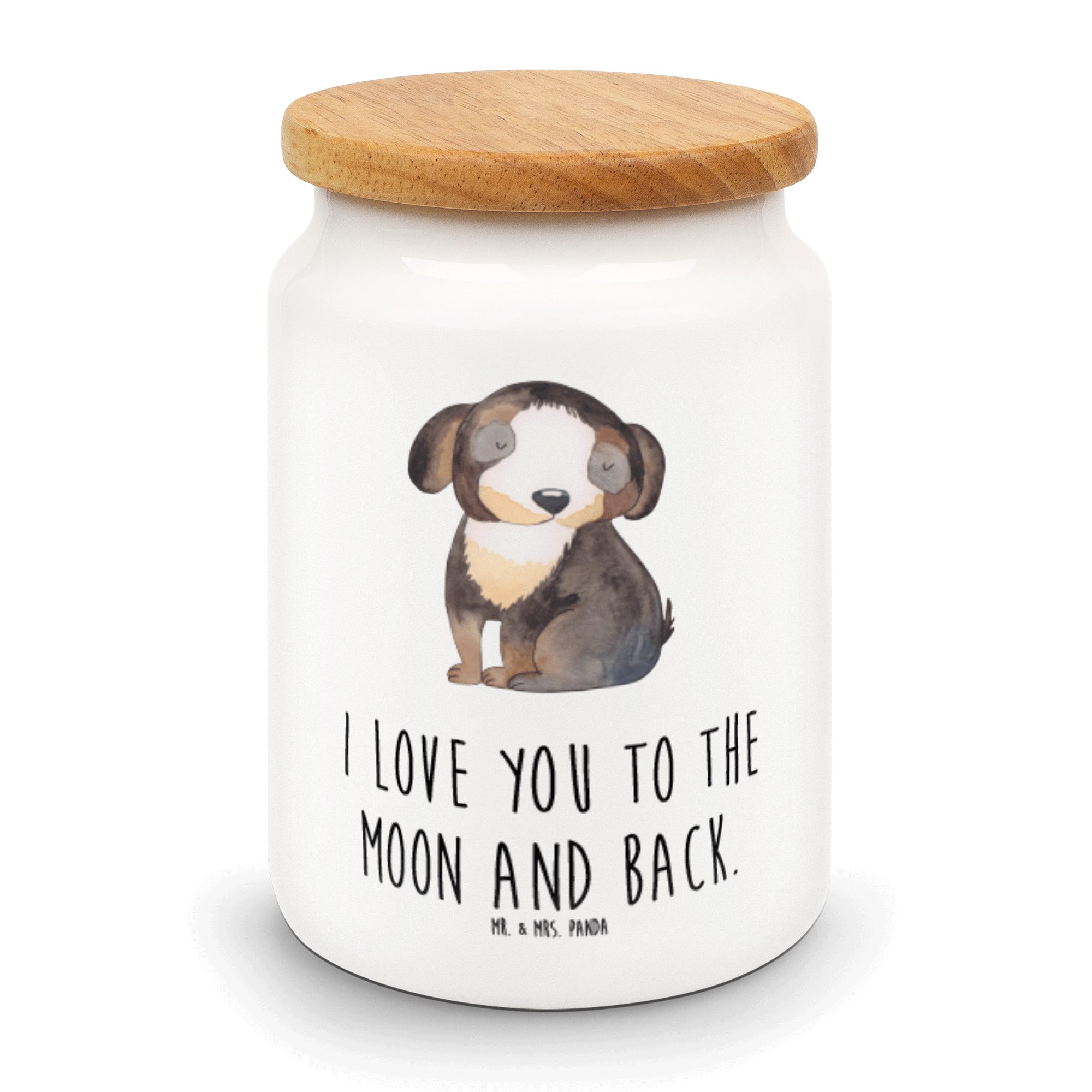 Mr. & Mrs. Panda Vorratsdose Hund entspannt - Weiß - Geschenk, Vorratsbehälter, Hundeglück, schwar, Keramik, (1-tlg)