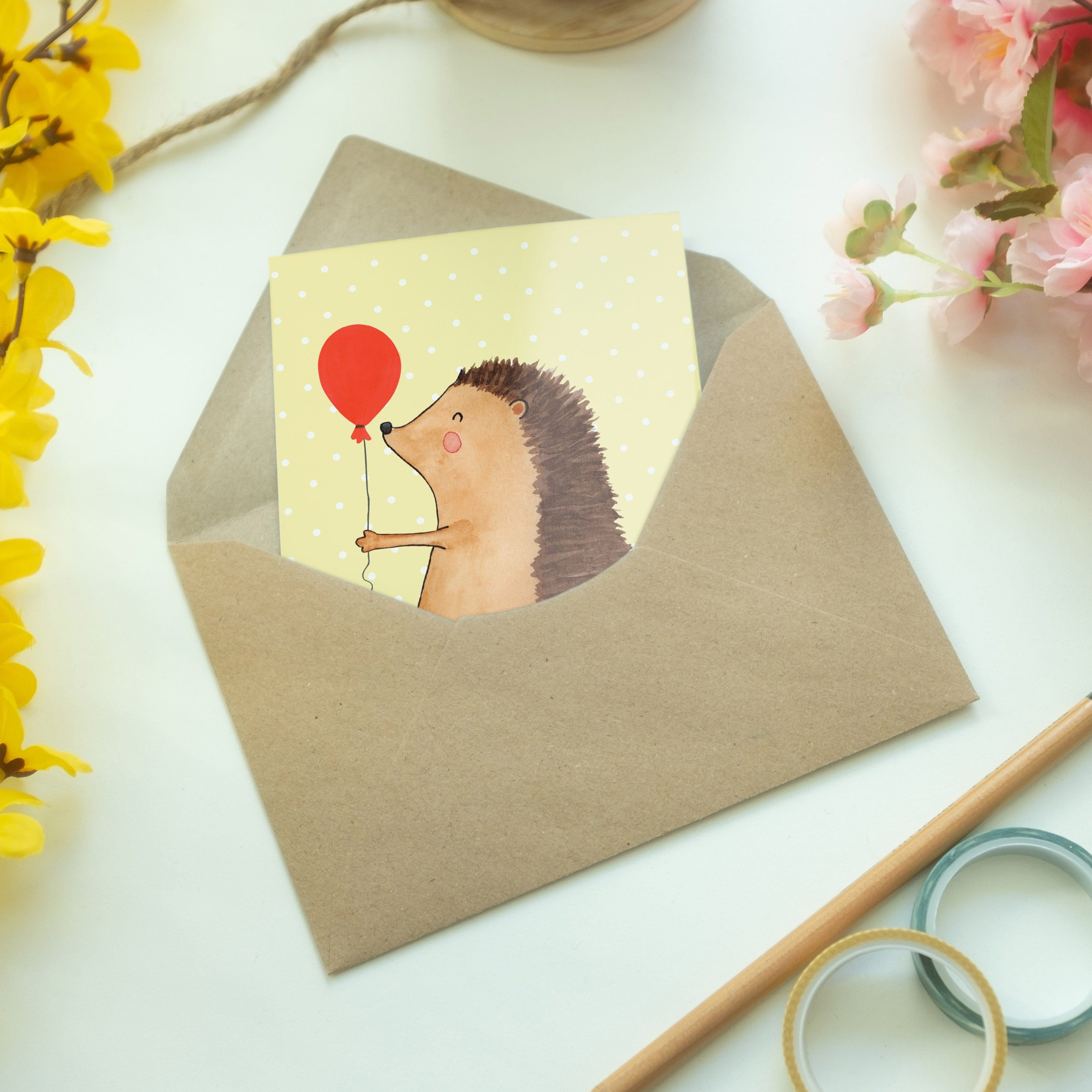 Geschenk, lustige Grußkarte Sprüche, & Mr. Igel - Luftballon Gelb mit Mrs. - Panda Einla Pastell