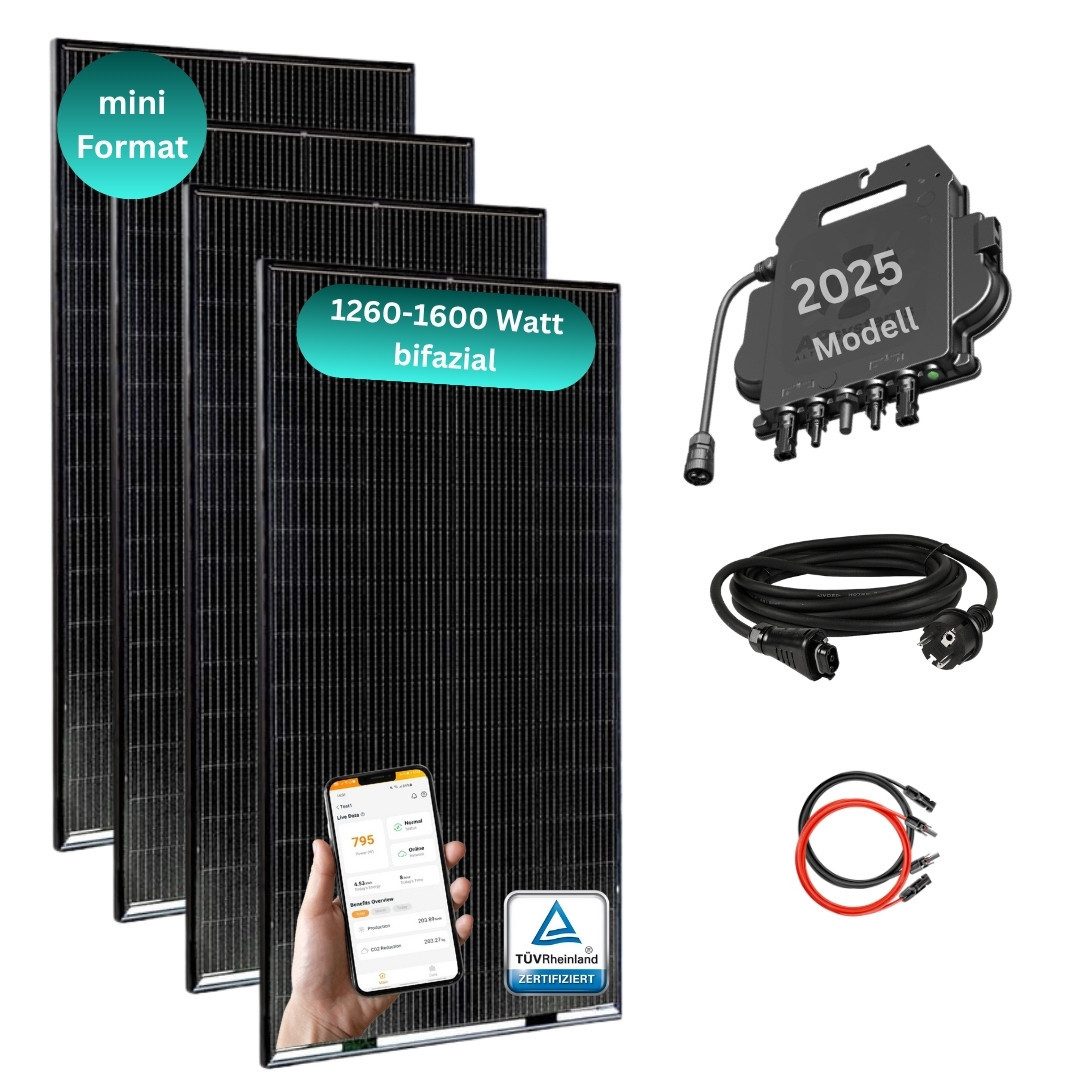 MyVoltaics Balkonkraftwerk 800 Watt MyBasic 1260+ Watt Mini-Format mit 2 Modulen Versand gratis, 1260 W, 315+ W bifazial, (Set komplett, 5-St., Komplettset inkl. WLAN Wechselrichter Hoymiles (2025er Modell), Solaranlage 800 W steckerfertig für Steckdose & Solarmodule