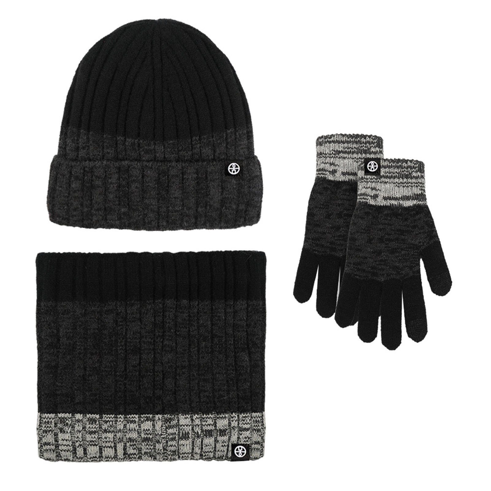 Rutaqian Beanie Winter Warm Beanie Mütze Schal und Touchscreen Handschuhe Set (Farbverlauf, kältebeständiges, Weiches Fleece Innenfutter, 3in1 Dickes Strickset) für Herren und Damen Schwarz