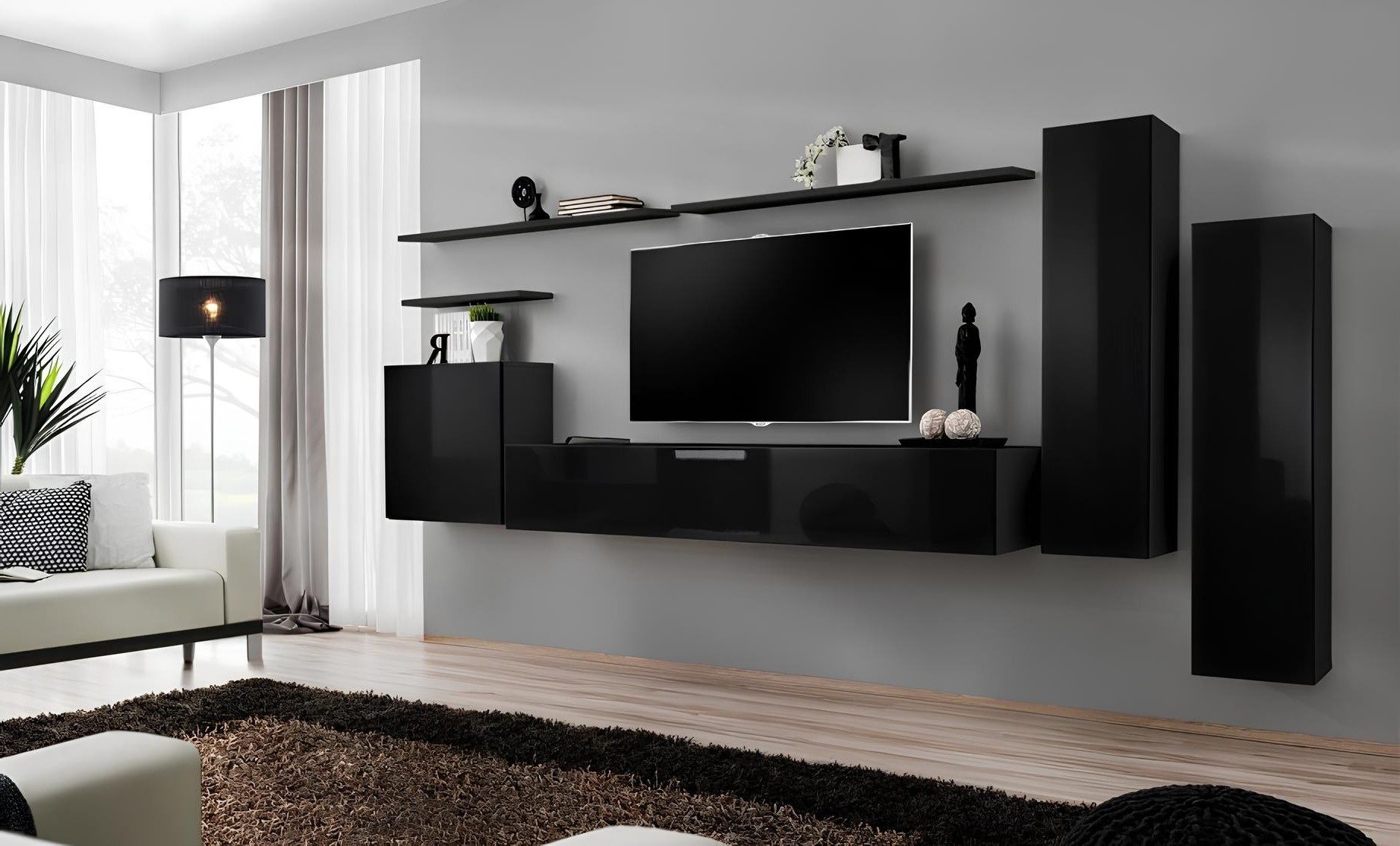 Xlmoebel Wohnwand 7-teiliges Set Schwarz TV Ständer Wohnzimmer Designer Wandschrank, Made in Europa