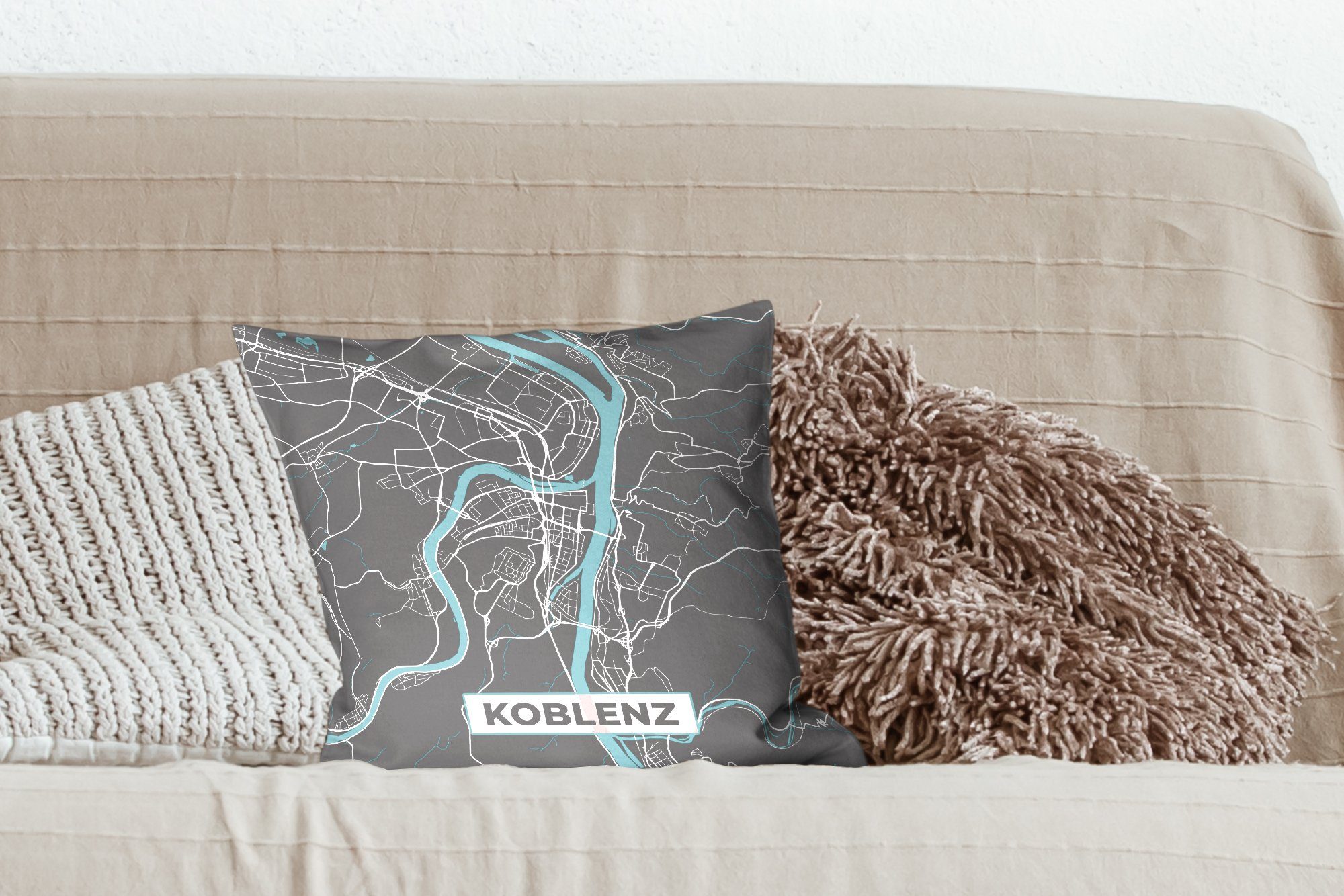 - mit Karte, MuchoWow Deko, für Blau Stadtplan Deutschland Schlafzimmer, Wohzimmer, - Zierkissen Koblenz Füllung Sofakissen - Dekokissen -