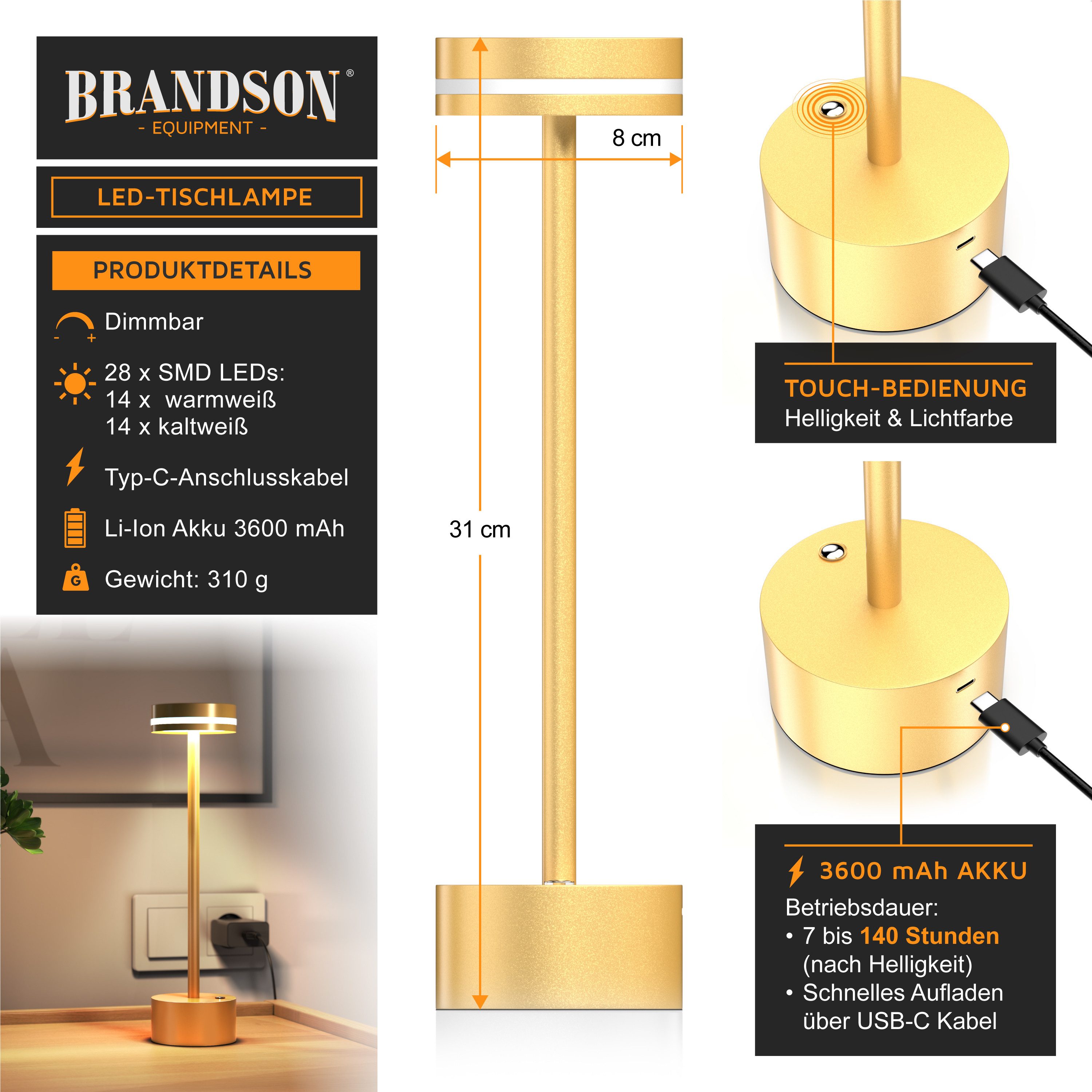 Brandson LED Tischleuchte Tischlampe, stufenlos dimmbar, 3 Lichtfarben, Akk günstig online kaufen