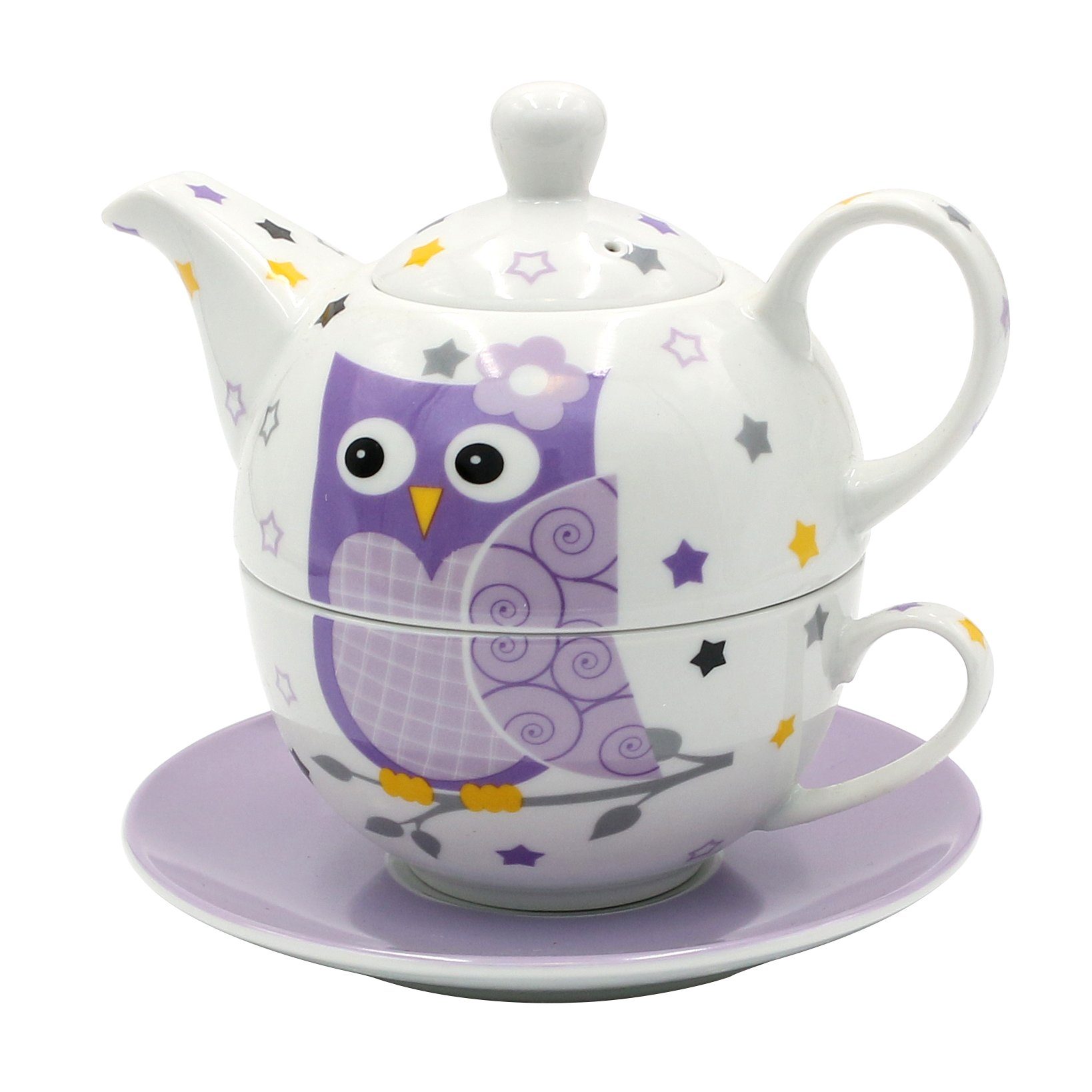 Dekohelden24 Teekanne Porzellan Teekannen-Set / Tea for one mit Eule, 3-teilig, L/B/H 16 x, (Set, 1-St)