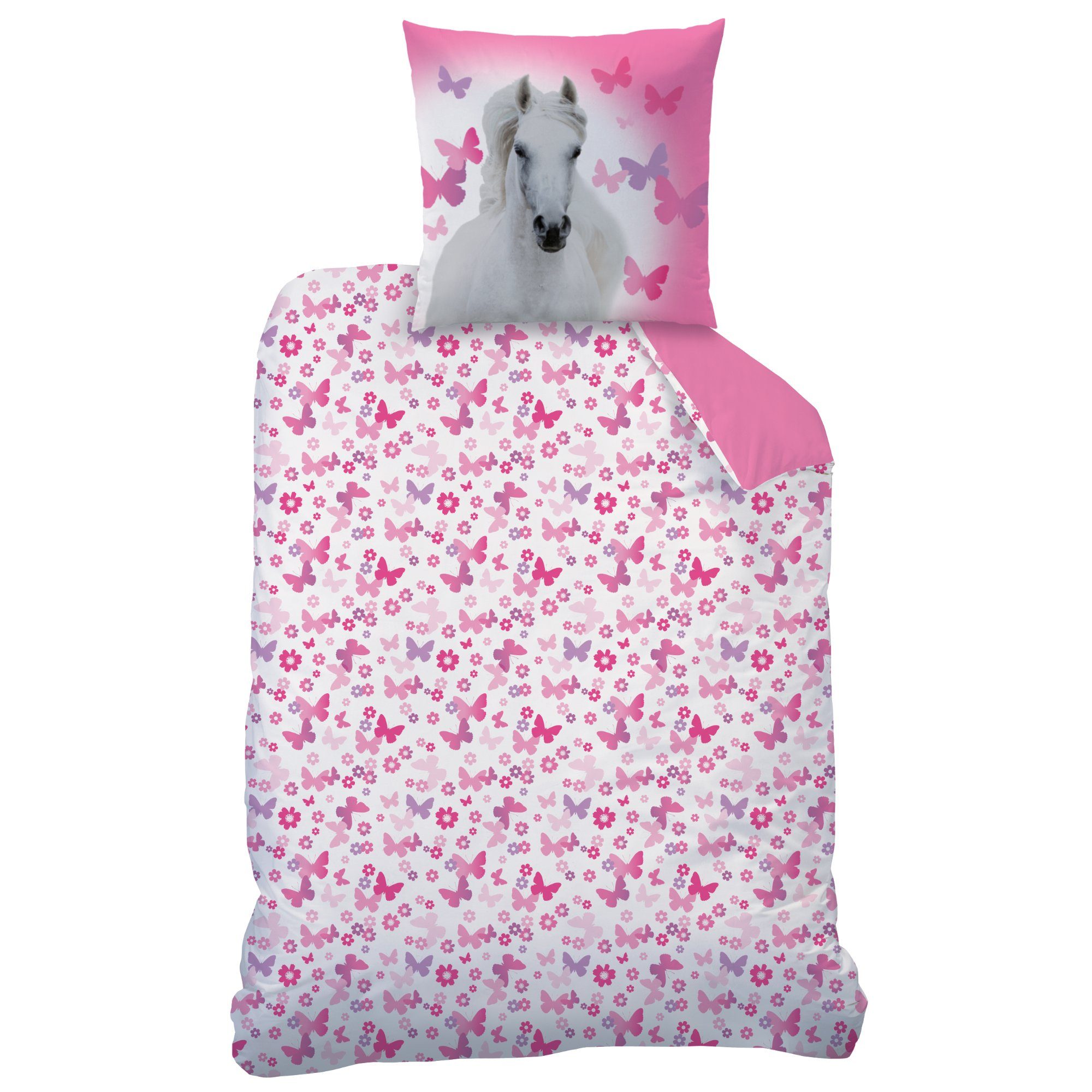 MTOnlinehandel Bettwäsche 135x200 + 80x80 cm Renforcé Pferde-Motiv rosa, 100% Baumwolle, 2 teilig, mit Blumen- und Schmetterlings-Design