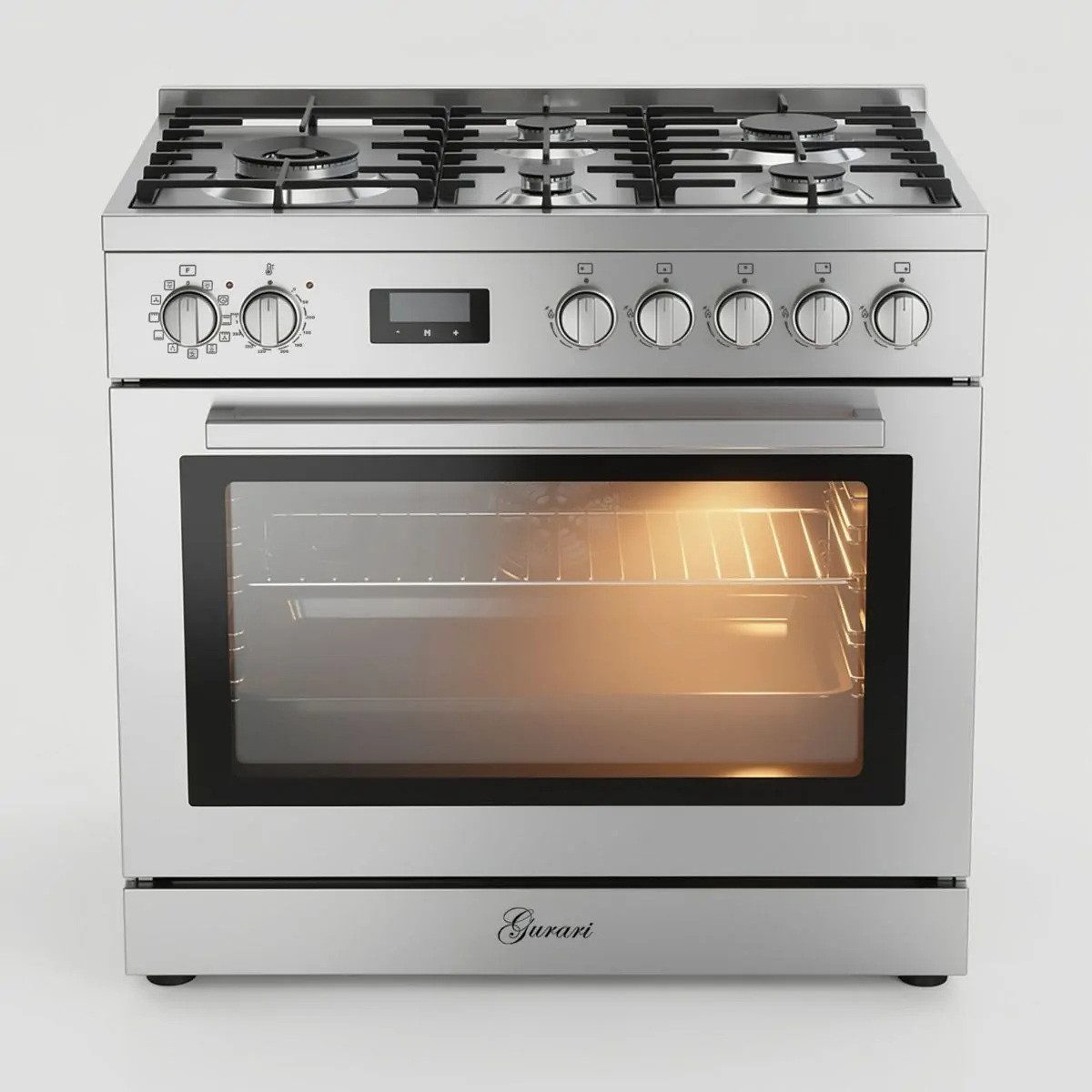 GURARI Gas-Standherd Edelstahl Gas Elektro Standherd 90 cm 126 L Erdgas Fl.Gas 4 Kw WOK,Selbstreinigung GCH E 818 X+Grillplatte, mit 1-fach-Teleskopauszug