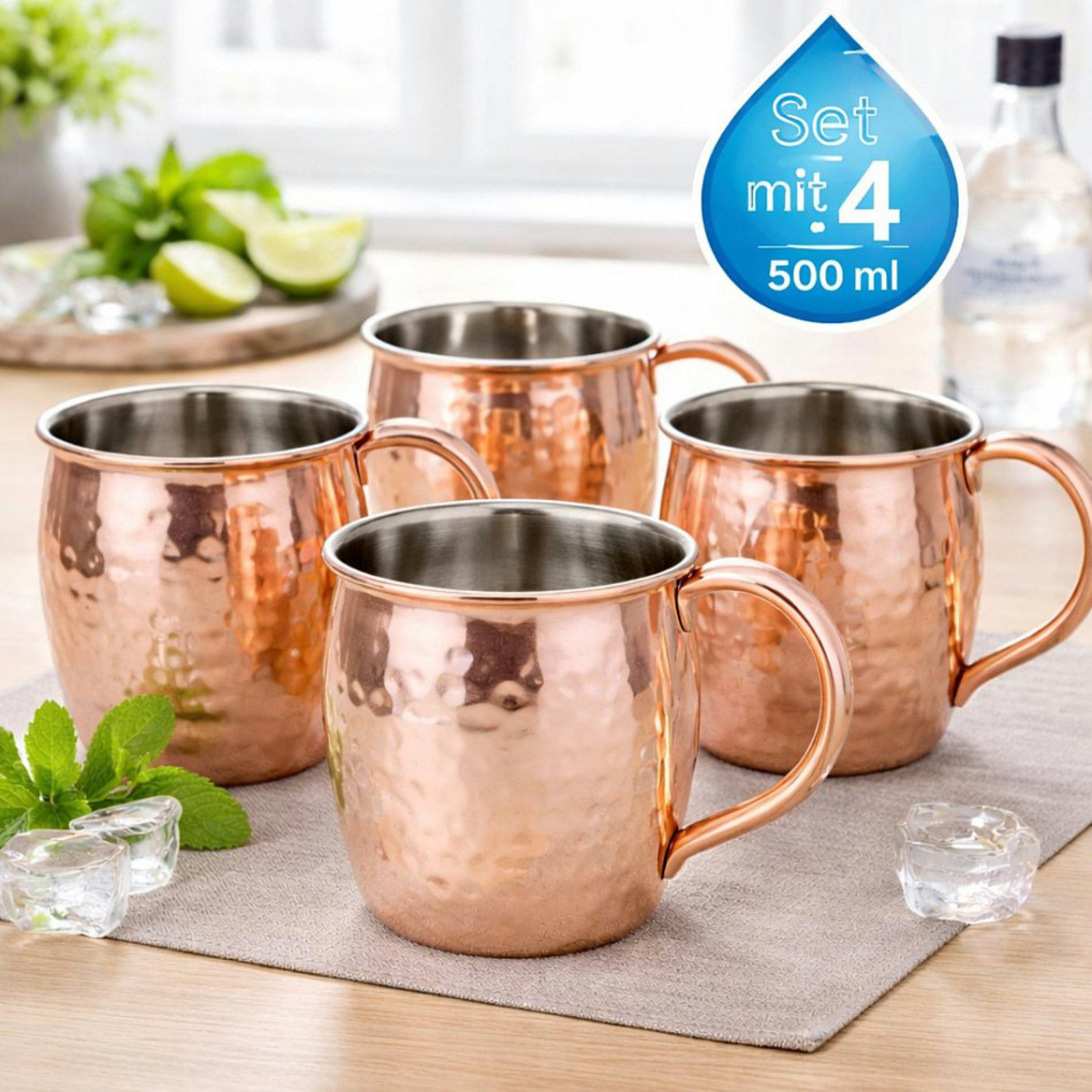 Koopman Becher Tasse Kaffeebecher Teebecher Edelstahl 450ml 4er Set, 4-tlg., Edelstahl, Kupferoptik, Cocktail, mit Tragehenkel, Edelstahl