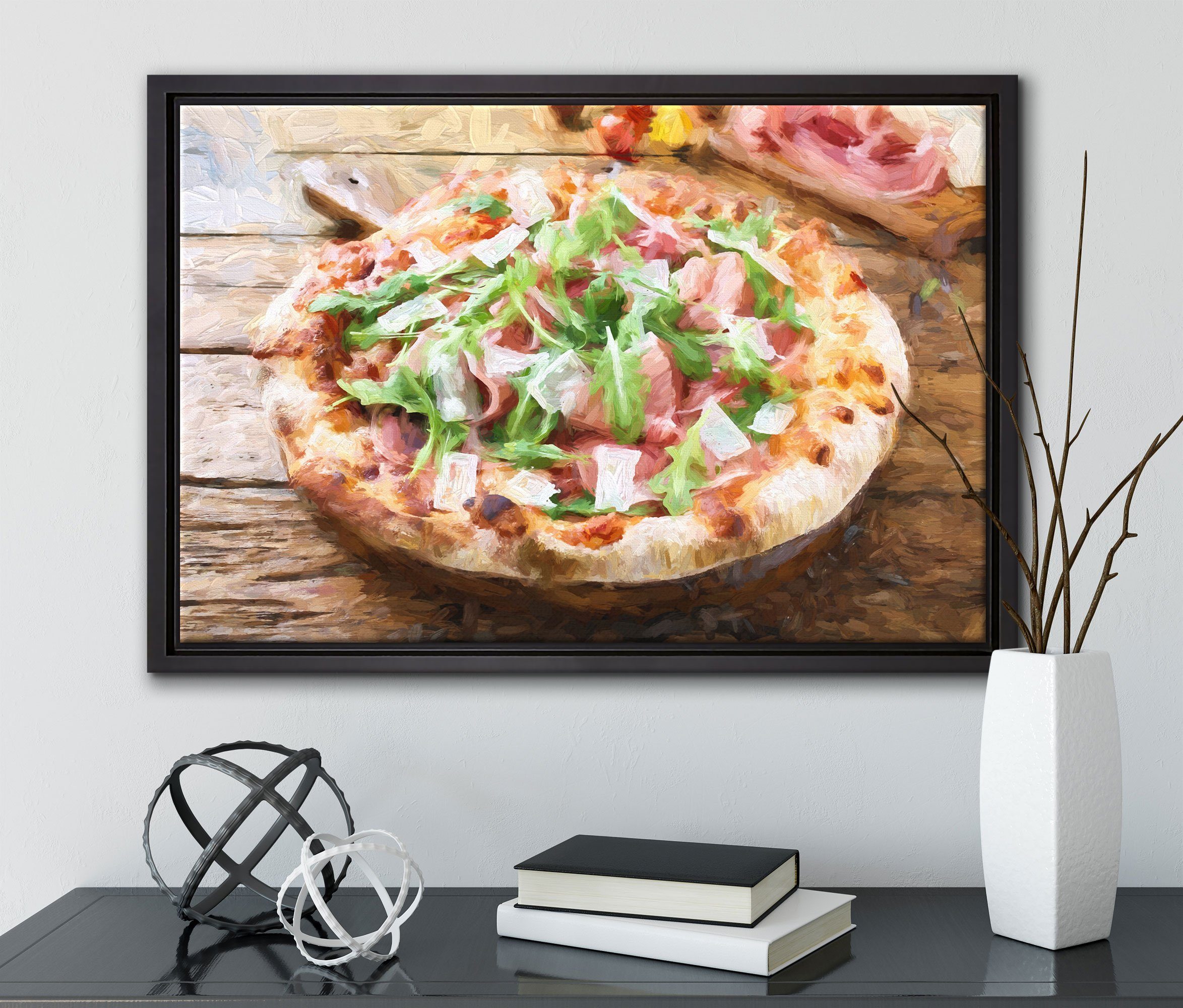 Schattenfugen-Bilderrahmen auf Prosciutto Pizza fertig (1 Holztisch, St), inkl. bespannt, Zackenaufhänger Pixxprint Leinwandbild Leinwandbild gefasst, Wanddekoration in einem
