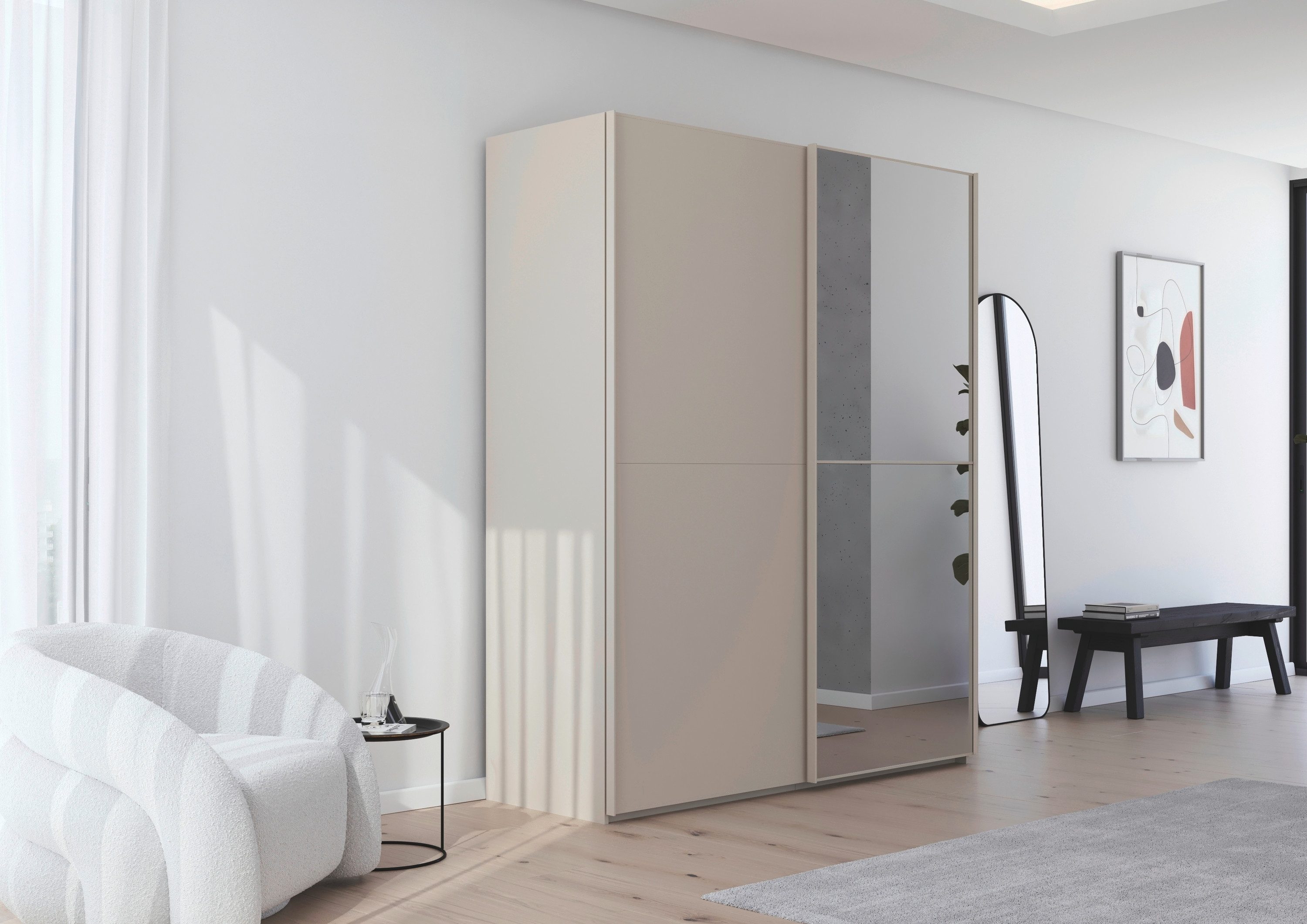rauch Schwebetürenschrank Kleiderschrank Schrank Garderobe Schlafzimmerschrank SCALE-DUO edle zweigeteilte Türen, Spiegel und 3 Zierleisten MADE IN GERMANY