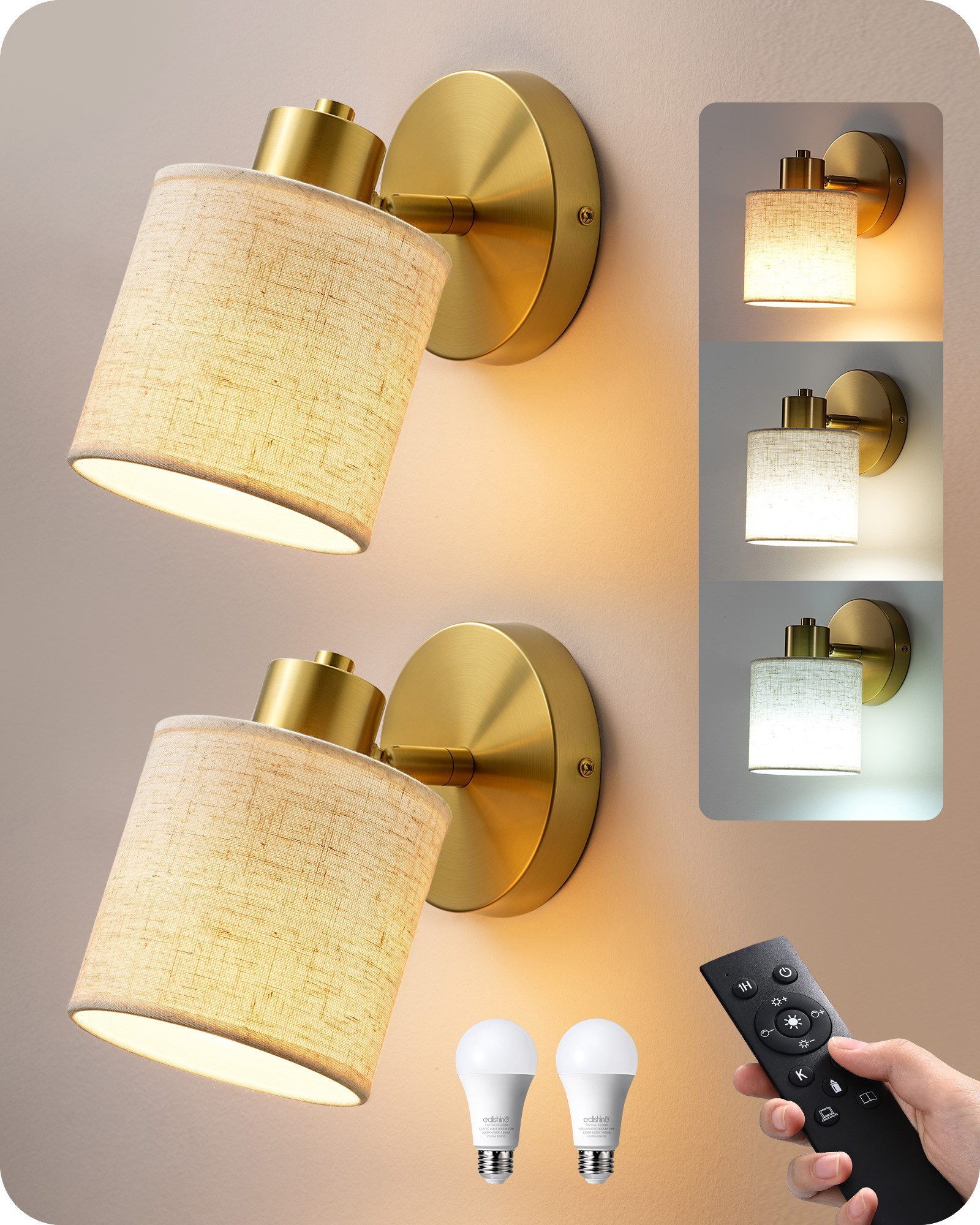 EDISHINE Wandleuchte 2er Set moderner Innen-Wandleuchten, LED wechselbar, 3000K-6500K, Stufenlos dimmbar, 3 Lichtfarben, inkl. Glühbirnen und Fernbedienung