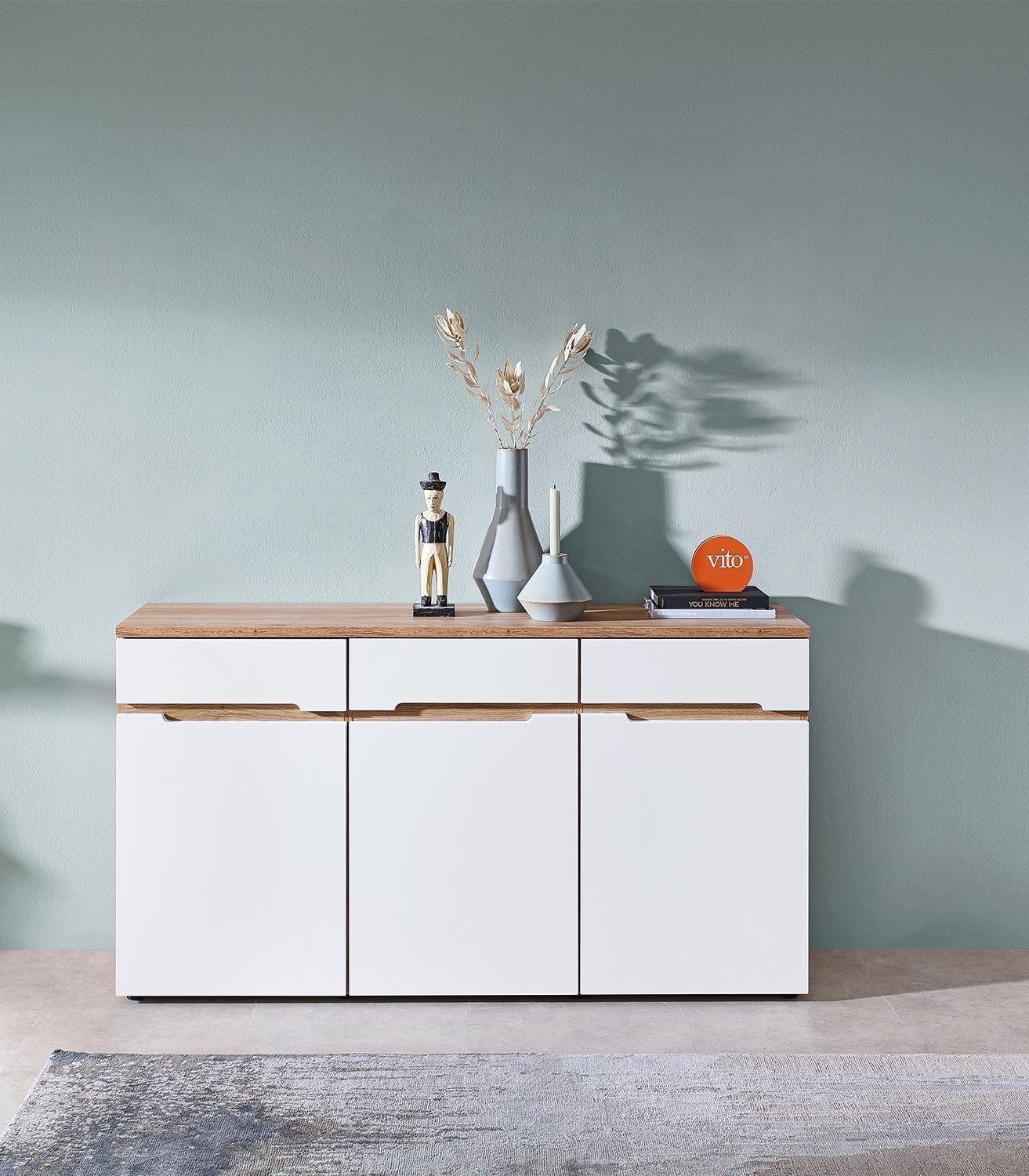 Vito Sideboard CLYDE, Mauvella Eiche Dekor, Weiß supermatt, 3 Türen, 1 Schublade, B 150 x H 82 x T 38 cm
