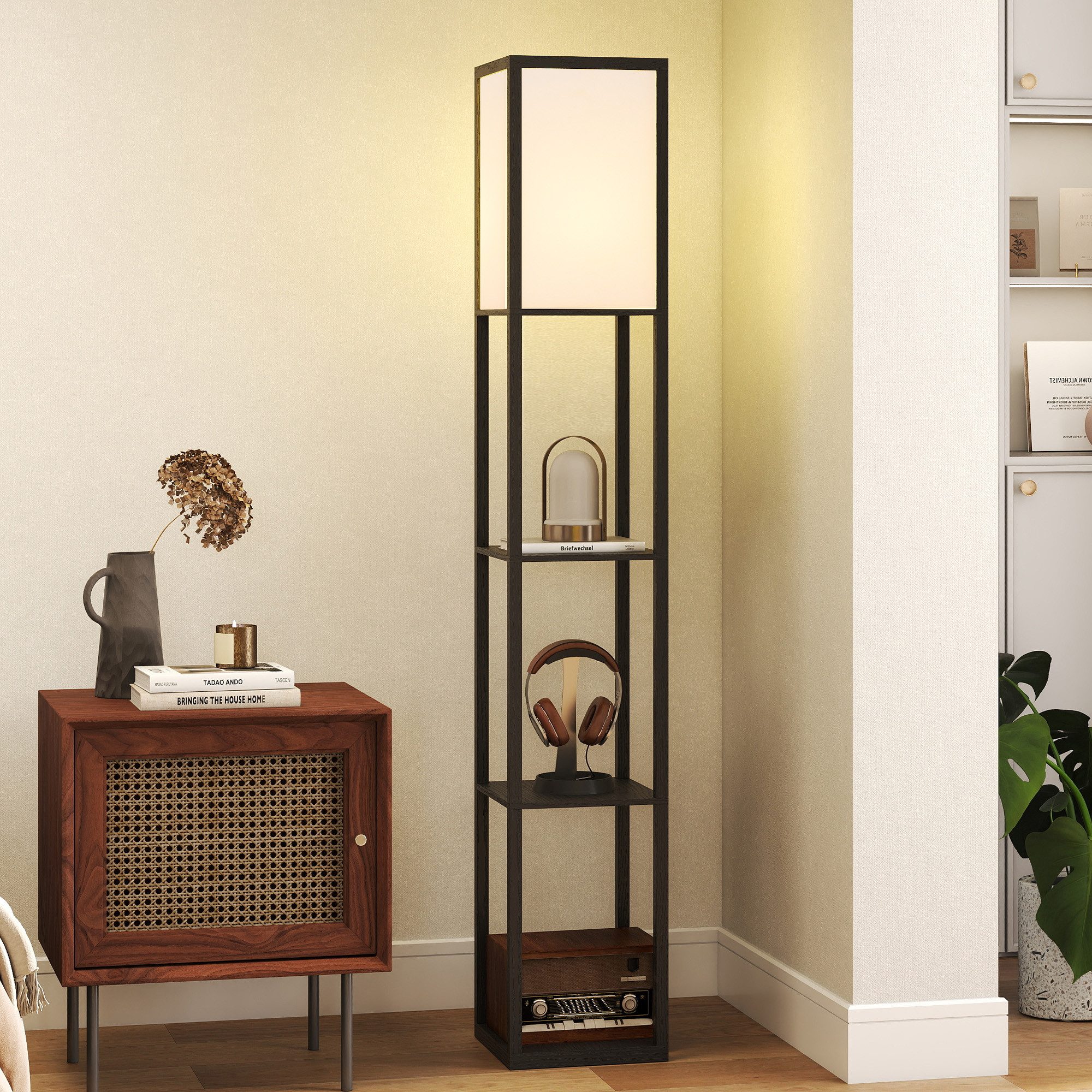 HOMCOM Stehlampe Stehlampe mit Regalen E27 40W Nachttischlampe Acryl Lampenschirm, Ablagefächer, Lichtquelle, Fußschalter, ohne Leuchtmittel, Stehlampe mit Ablagen, platzsparend