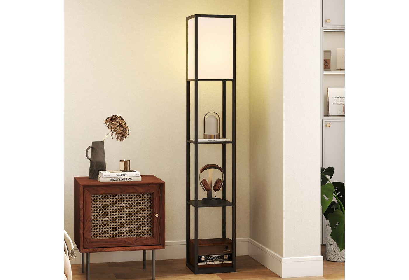 HOMCOM Stehlampe Stehlampe mit Regalen E27 40W Nachttischlampe Acryl Lampenschirm, Ablagefächer, Lichtquelle, Fußschalter, ohne Leuchtmittel, Stehlampe mit Ablagen, platzsparend