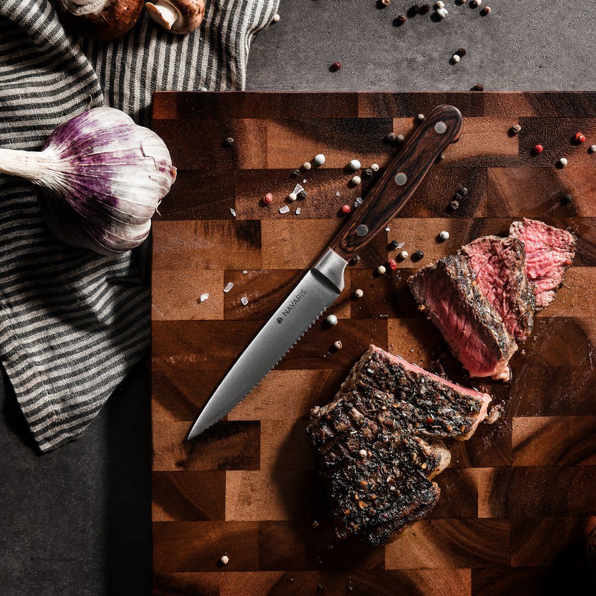 mit Set Messer Wellenschliff Navaris Steakbesteck Allzweckmesser Holzgriff 6-teilig -