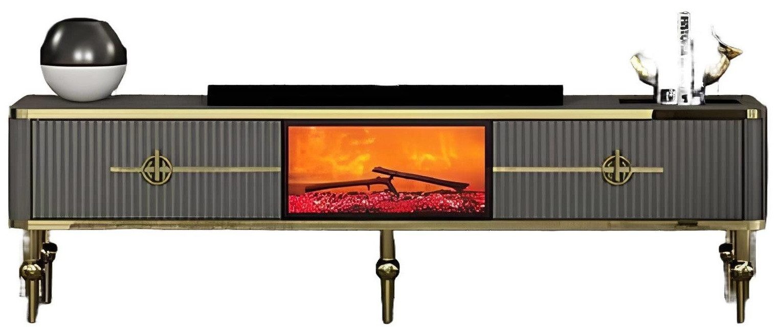 Xlmoebel TV-Board Grau-weißes TV-Board mit integriertem Kamin aus Metall und MDF (TV-Board, 1 St., TV-Sideboard), Hergestellt in Europa