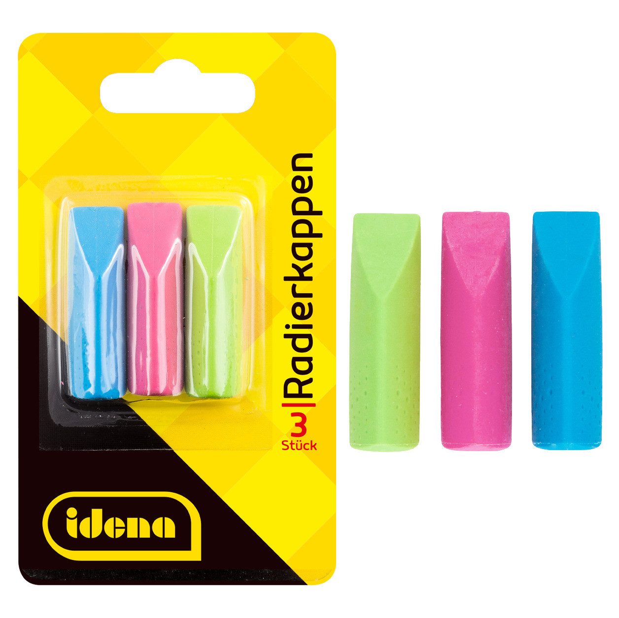 Idena Radiergummi Idena Radierkappen grün/blau/pink 3 Stück Blister