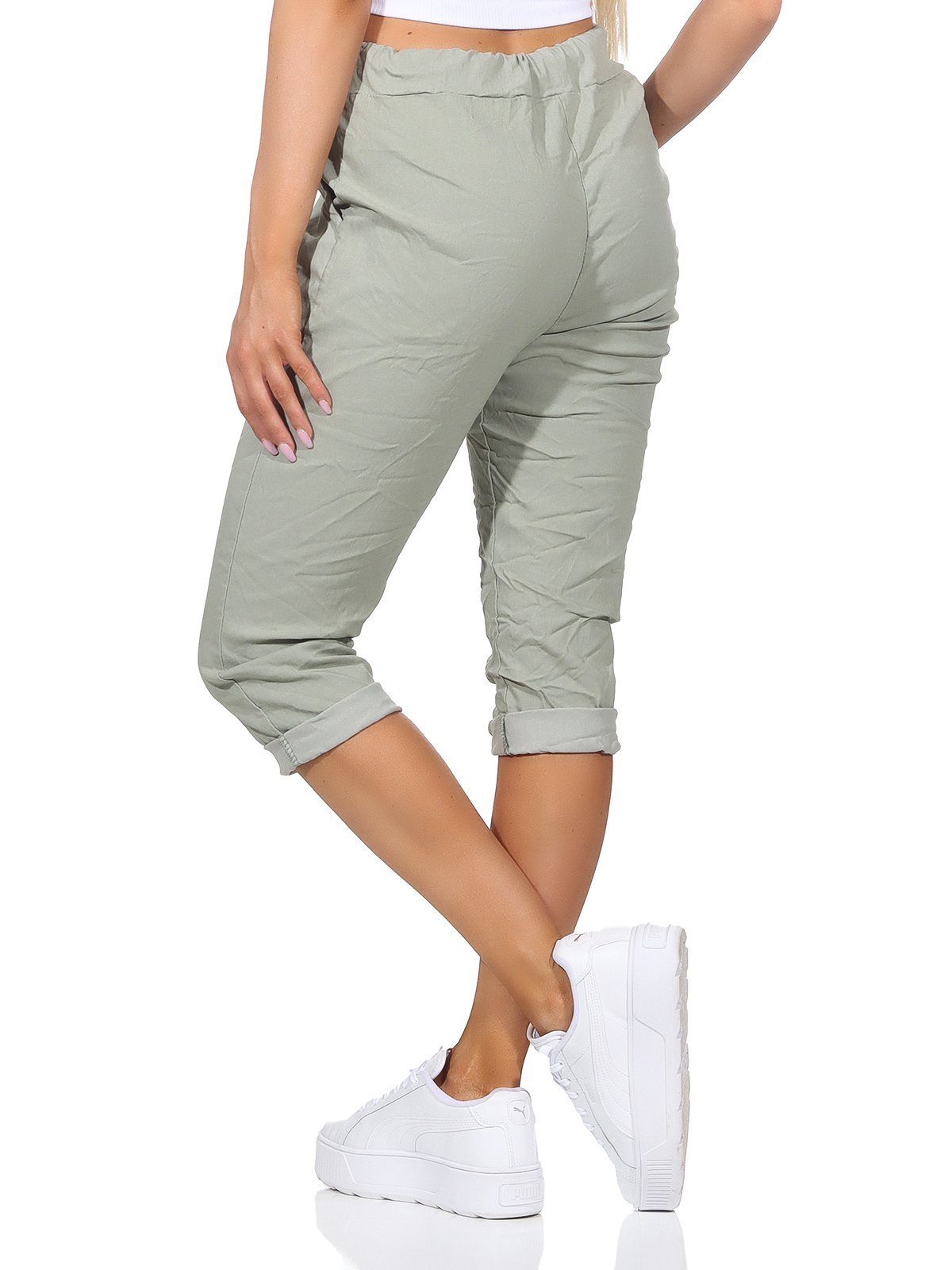 sommerlichen Kurze Khaki Damenmode Jeans in 36-44 Bermuda und Capri Farben, 7/8-Hose Taschen Sommerhose Hose Kordelzug, Aurela Damen
