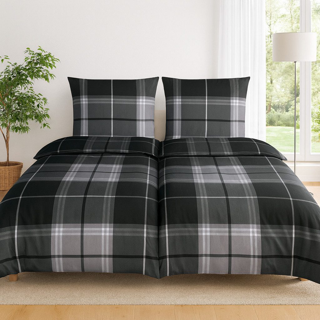Casa Colori Bettwäsche Biber Bettwäsche 135x200 Anthrazit Grau kariert, Bib günstig online kaufen
