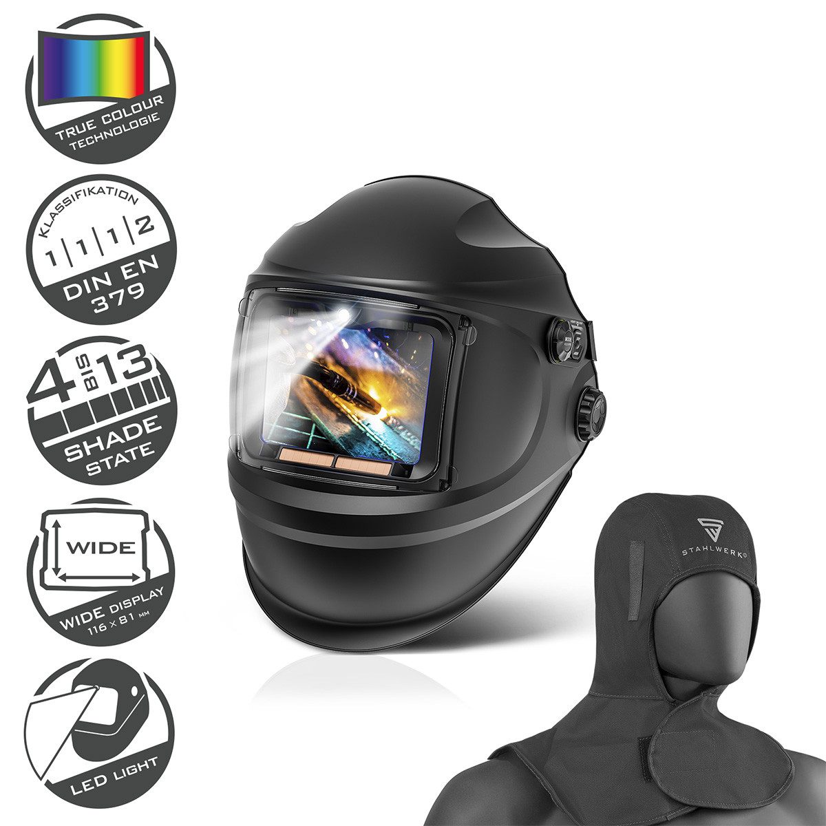 Schweißhelm Automatik Schweißhelm RAPTOR 1/1/1/2 LED-Kopflicht und Schutzhaube