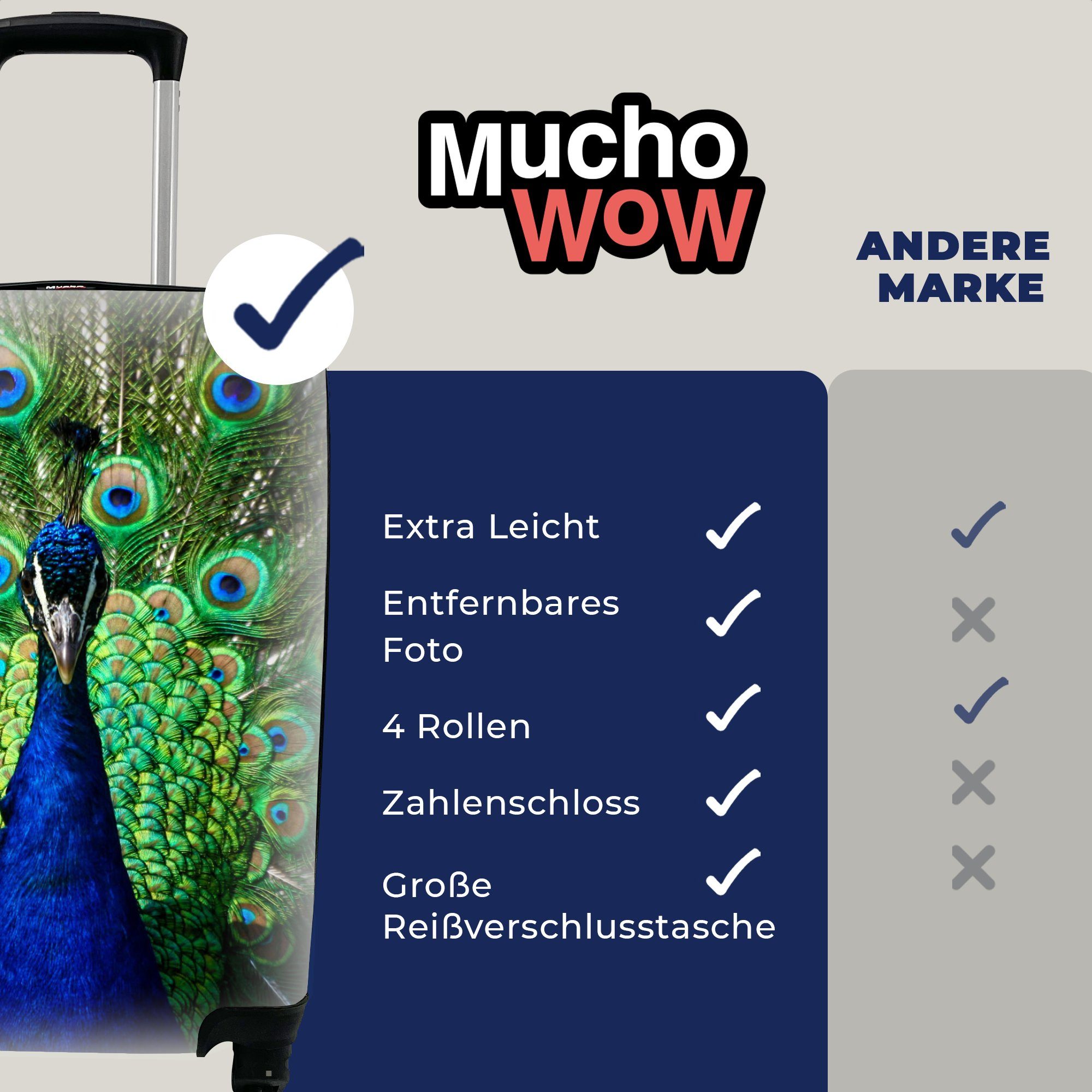 MuchoWow Handgepäckkoffer Pfau - Federn Ferien, - für Reisekoffer Reisetasche Trolley, mit rollen, 4 Handgepäck Rollen, Augen