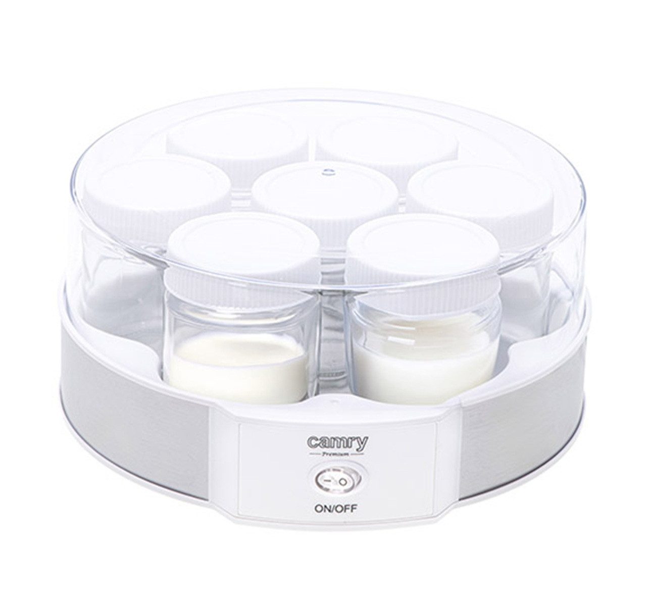 Camry Йогуртници CR 4519 - 7 Glasgefäße mit Schraubdeckel 20 W Weiß/Silber, 7 Portionsbehälter, je 200 ml, Leichte Reinigung der Стекло und Deckel+