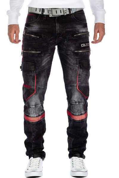 Cipo & Baxx Bikerjeans Herren Hose BA-CD561 mit roten Teilbereichen im Cargo Stil