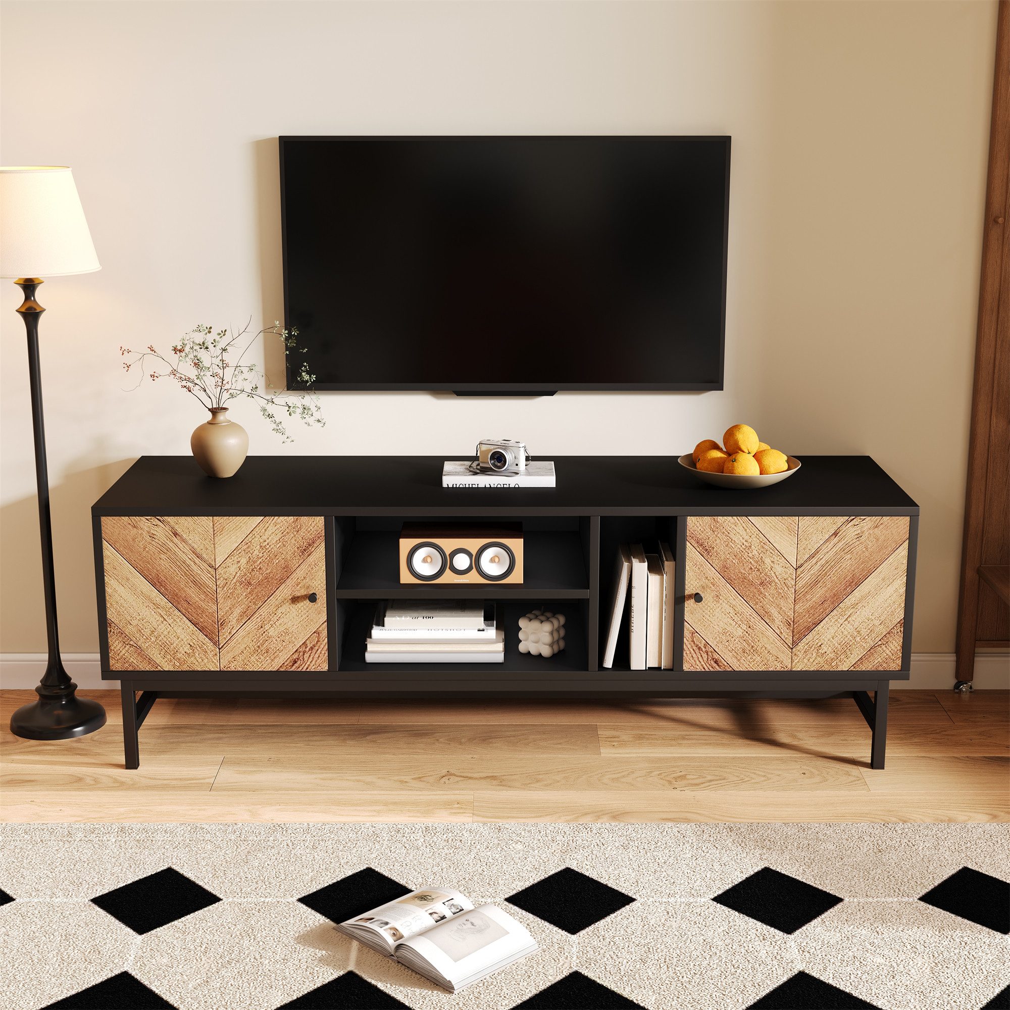 Lowboard TV-Schrank in Holzoptik mit Metallbeinen & V-Form Türen