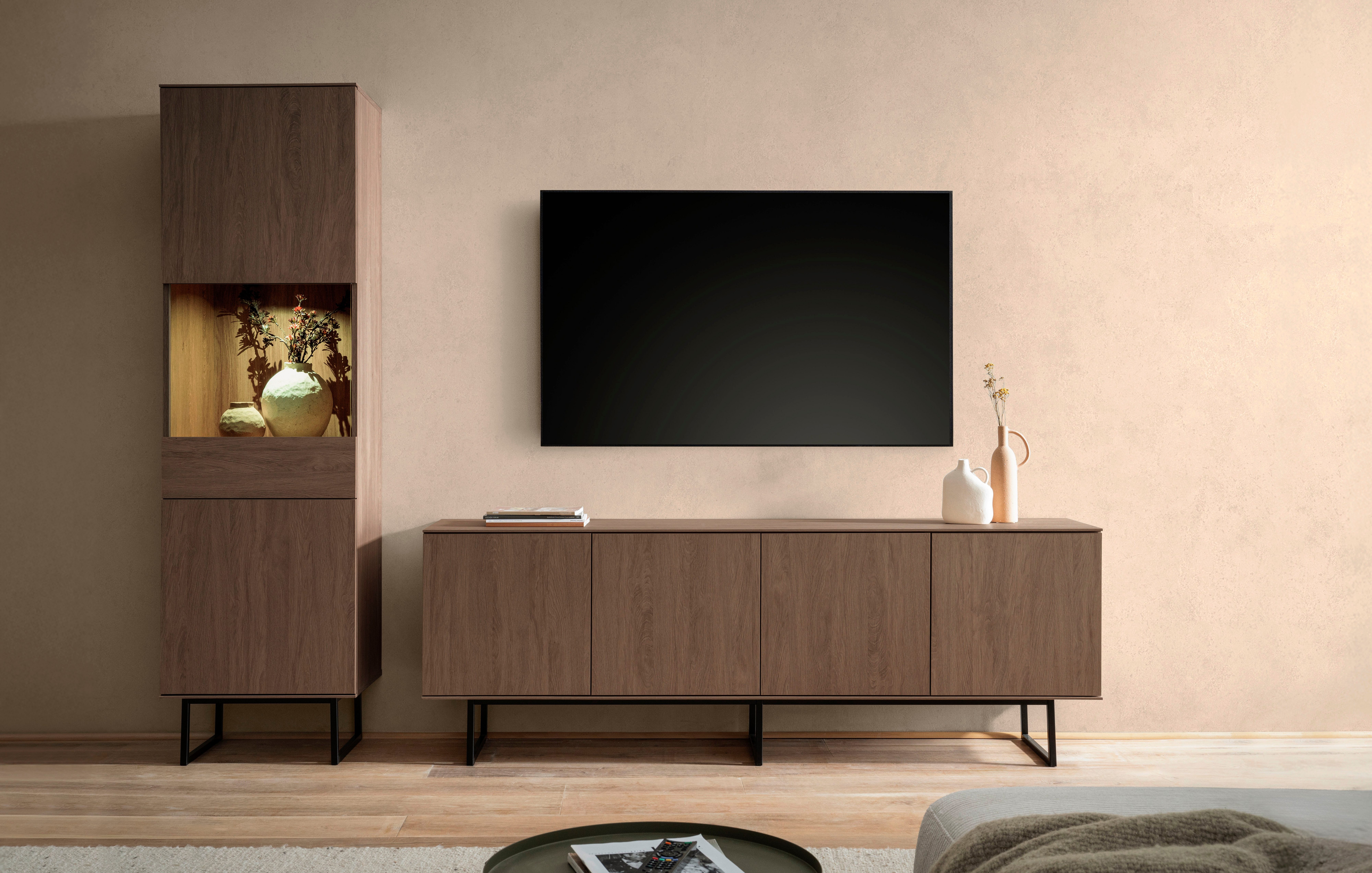 Home affaire Wohnzimmer-Set Lund, moderne Anbauwand, Wohnzimmer-Set in Stone Oak oder Nussbaum, (2-St), enthält Vitrine und Lowboard