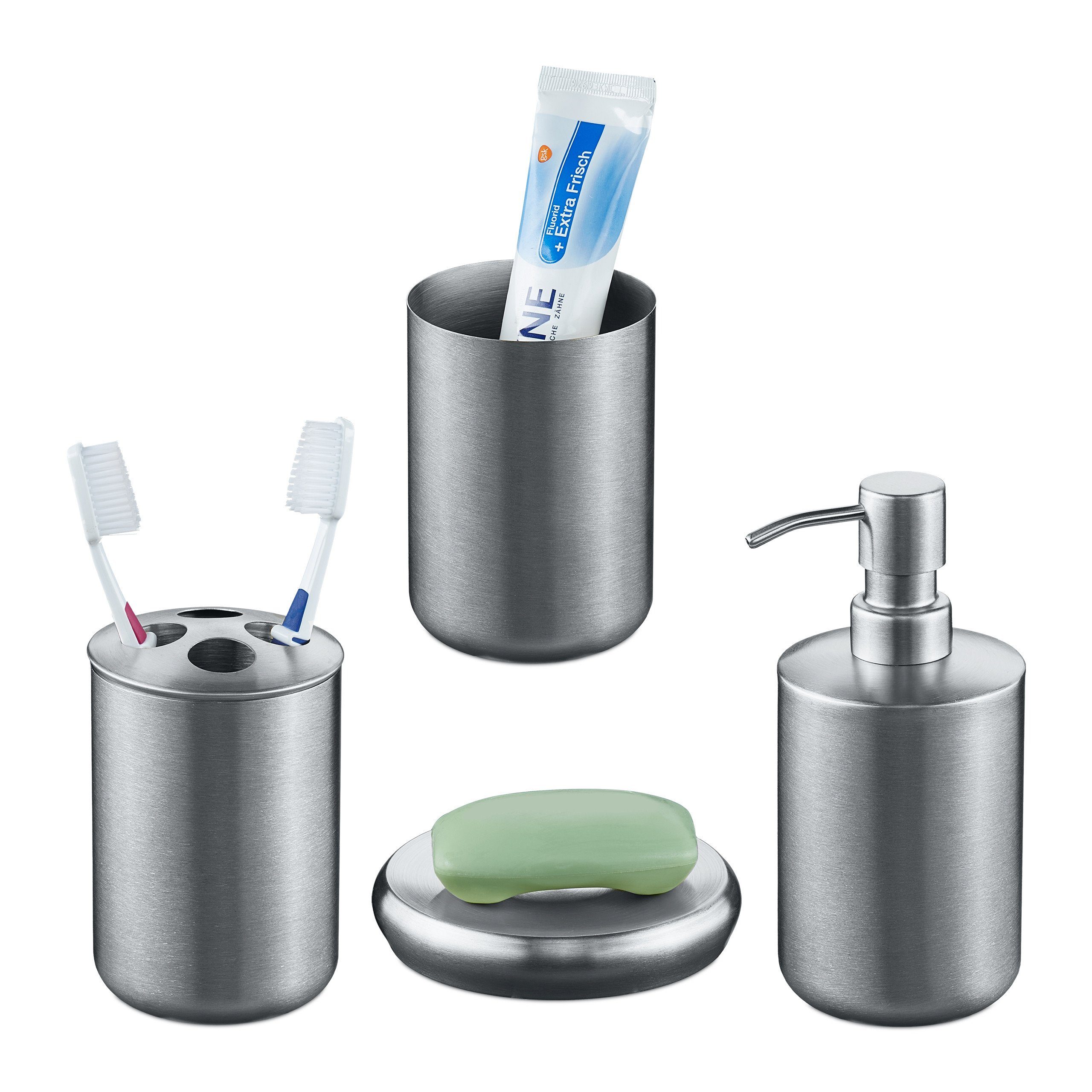 relaxdays Badaccessoires-Sets 4-tlg. Badezimmer Set Edelstahl | Bad-Accessoires Sets