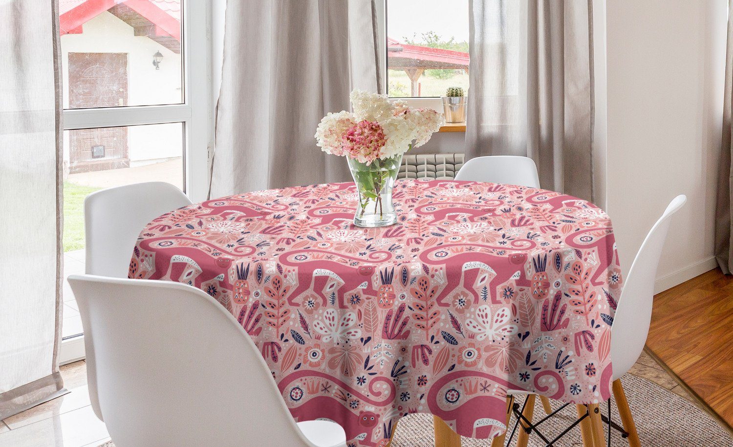 Abakuhaus Tischdecke Kreis Tischdecke Abdeckung für Esszimmer Küche Dekoration, Wald Tiere Früchten und Pflanzen