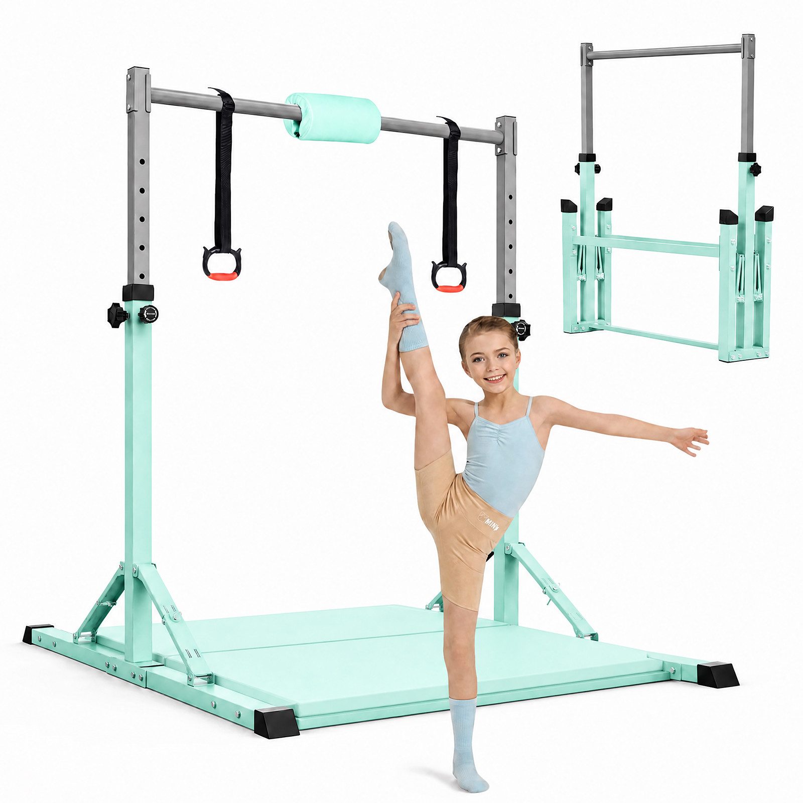 Hausright Turnreck Gymnastikstange Kinder mit Verstellbaren Höhen mit Gymnastikmatte, (Stabilität Turnstange, Reckstange, Matte, Polster & 2 Ringen), 10-Fach höhenverstellbar Indoor & Outdoor Faltbare Kinderturngerät