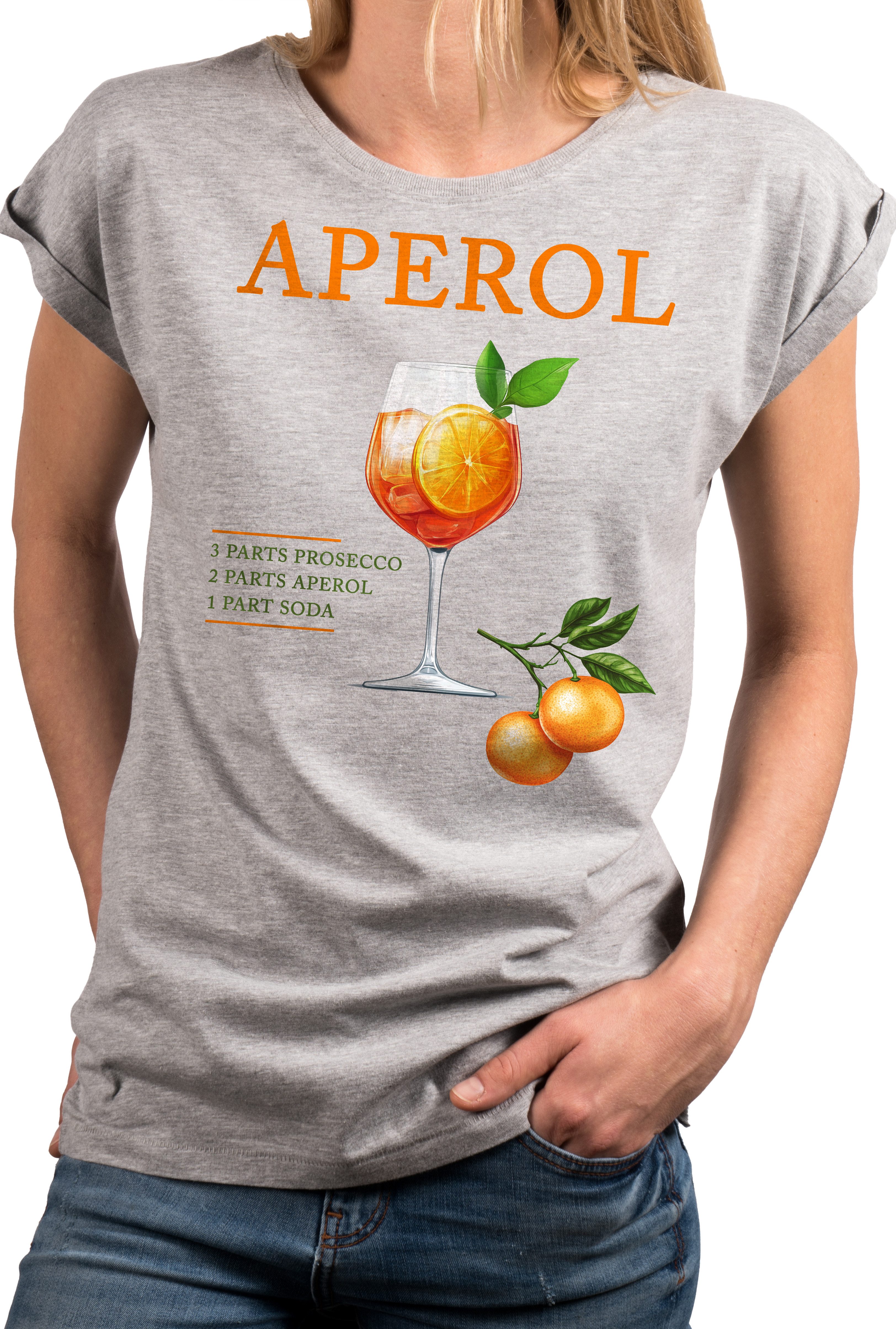 Print-Shirt Damen mit Orangen Motiv Aperol Spritz Glas Party Outfit Lässig Elegant