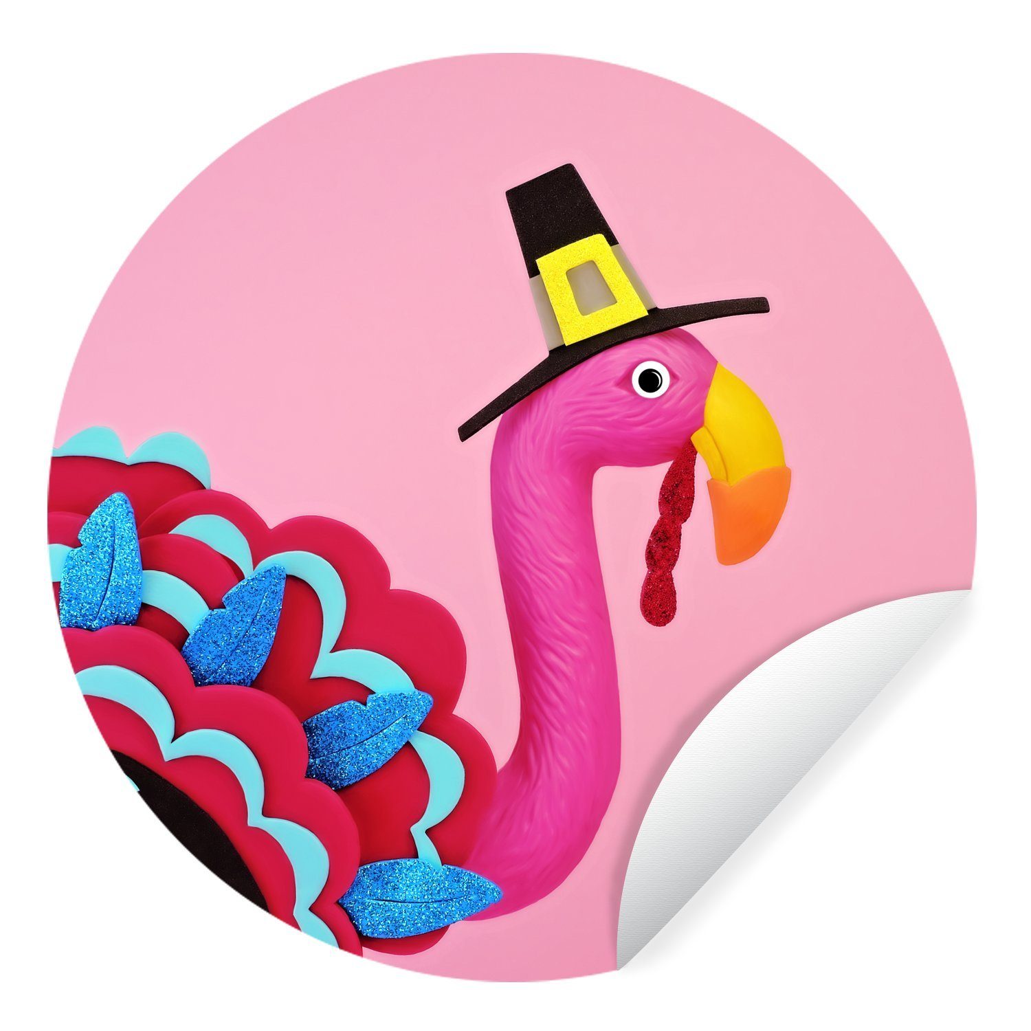 MuchoWow Wandsticker Flamingo im Truthahnkostüm (1 St), Tapetenkreis für Kinderzimmer, Tapetenaufkleber, Rund, Wohnzimmer