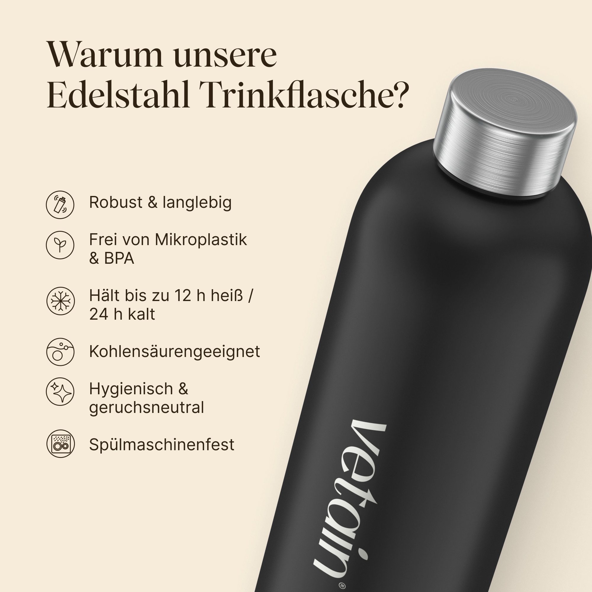 VETAIN Trinkflasche Edelstahl 1L, BPA-Frei - Kohlensäure geeignet - Isoliert - Auslaufsicher