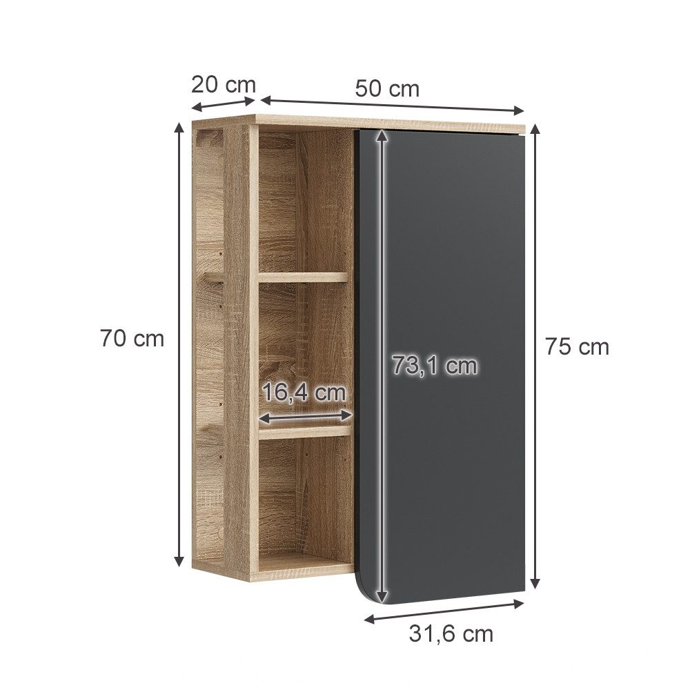 Vicco Hängeschrank Karen, Sonoma/Anthrazit, 50 x 75 cm mit Tür und offenen Fächern (1-St)