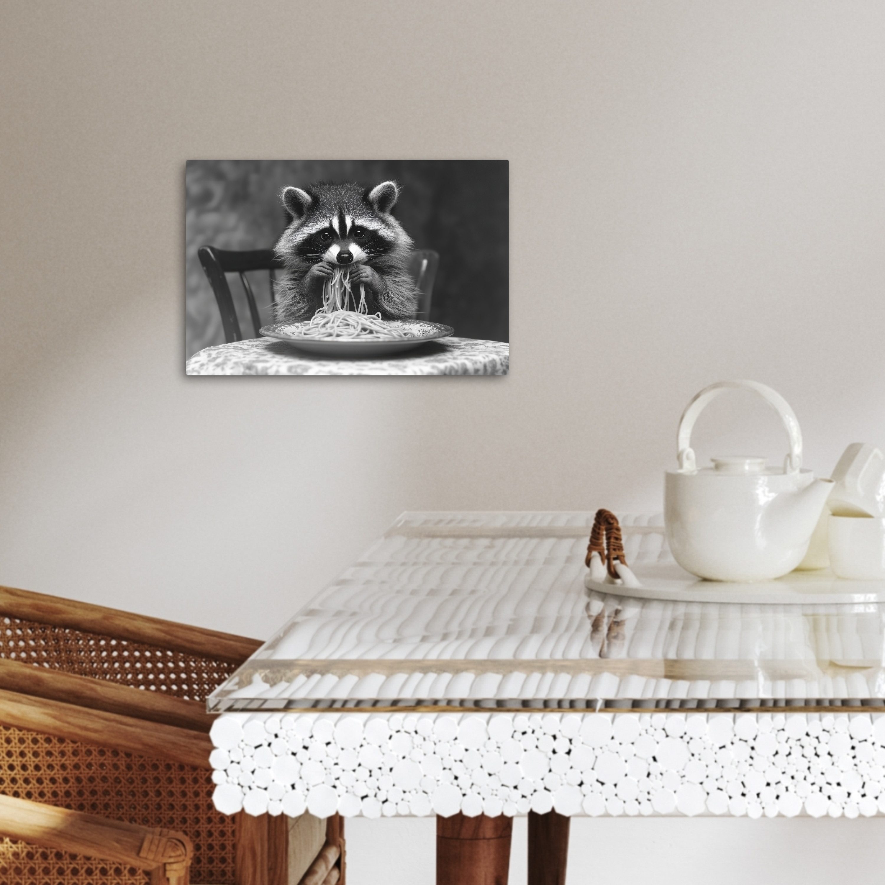OneMillionCanvasses® Leinwandbild Waschbär - Niedlich - Pasta - Tischtuch - Schwarz - Weiß, Fotodruck (1 St), Küchenbilder Modern, Deko Bilder für die Küche 30x – Bild 3 von 3