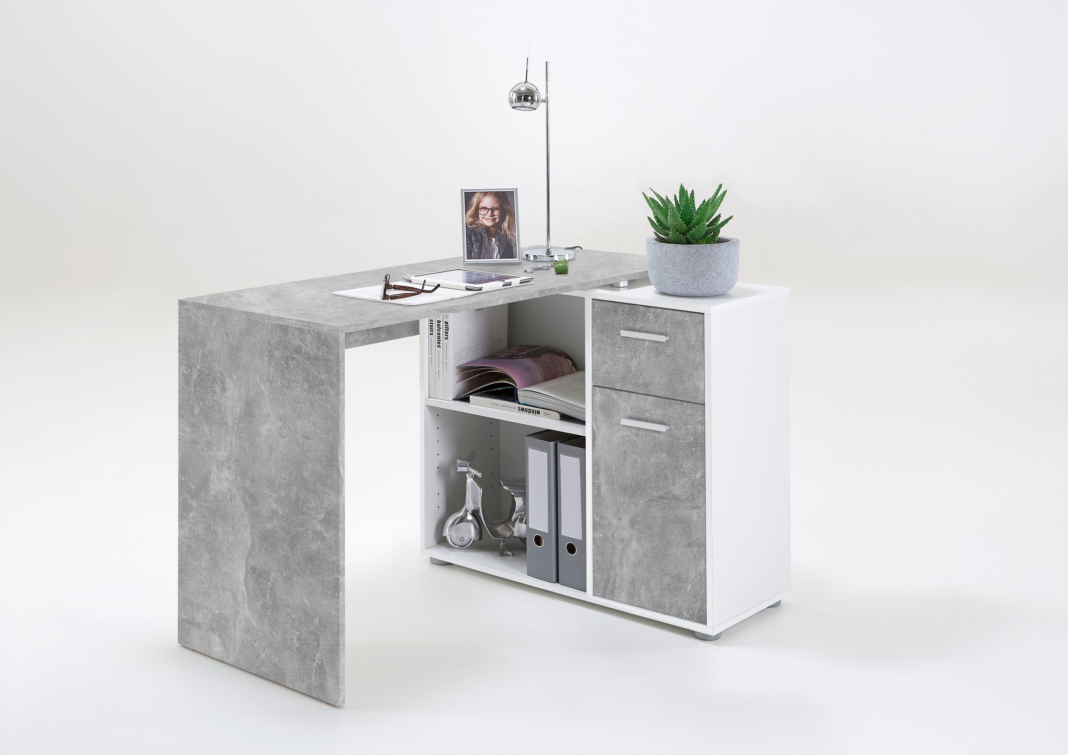 Sideboard FMD Schreibtisch beton-weiß drehbar, cm / AUGSBURG, mit 117/148 Stauraum, Eckschreibtisch Breite
