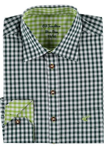 OS-Trachten Trachtenhemd »Smegy« Langarmhemd mit Hirsch-Stickerei auf Brusttasche, extra langen Ärmeln und langem Rumpf