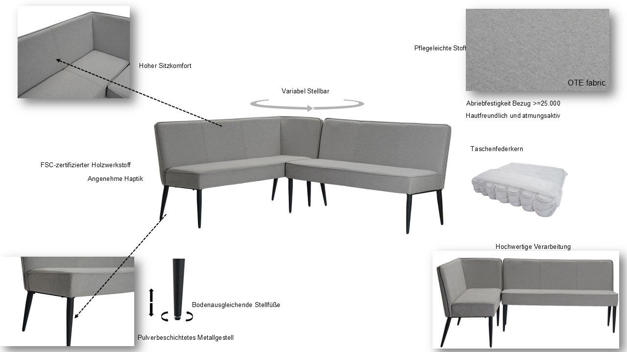 OTTO home Eckbank Lenzrose, (Esszimmerbank, Bank), mit Taschenfederkern, schwarzes Metallgestell, Breite 202 cm