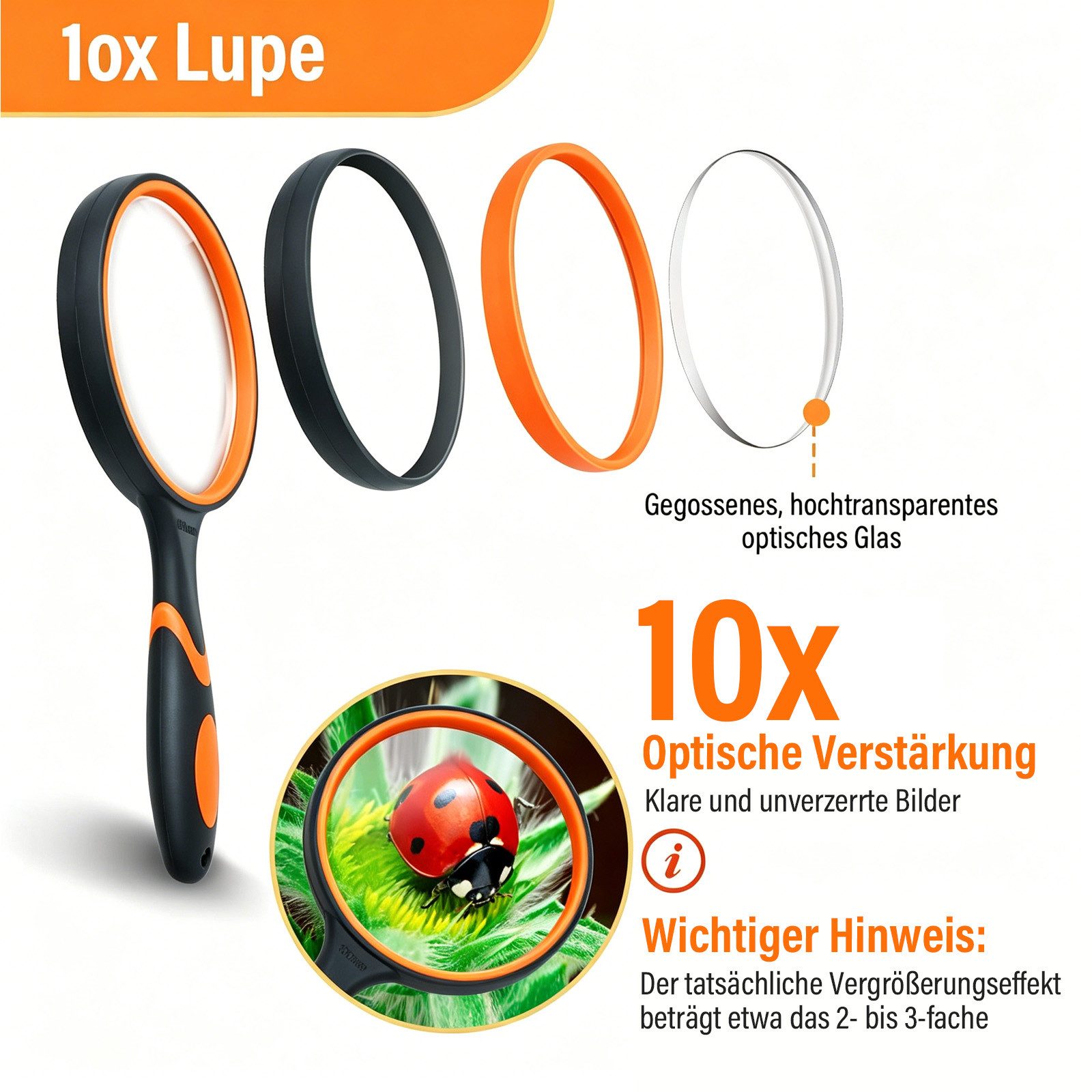MOPUEA Handlupe Lupe 10 fach 100mm Große HandLupe Leselupe rutschfester Gummigriff, Leselupe Vergrößerungsglas großes Objektiv, erweitertes Sichtfeld, 1-tlg., R – Bild 3 von 5