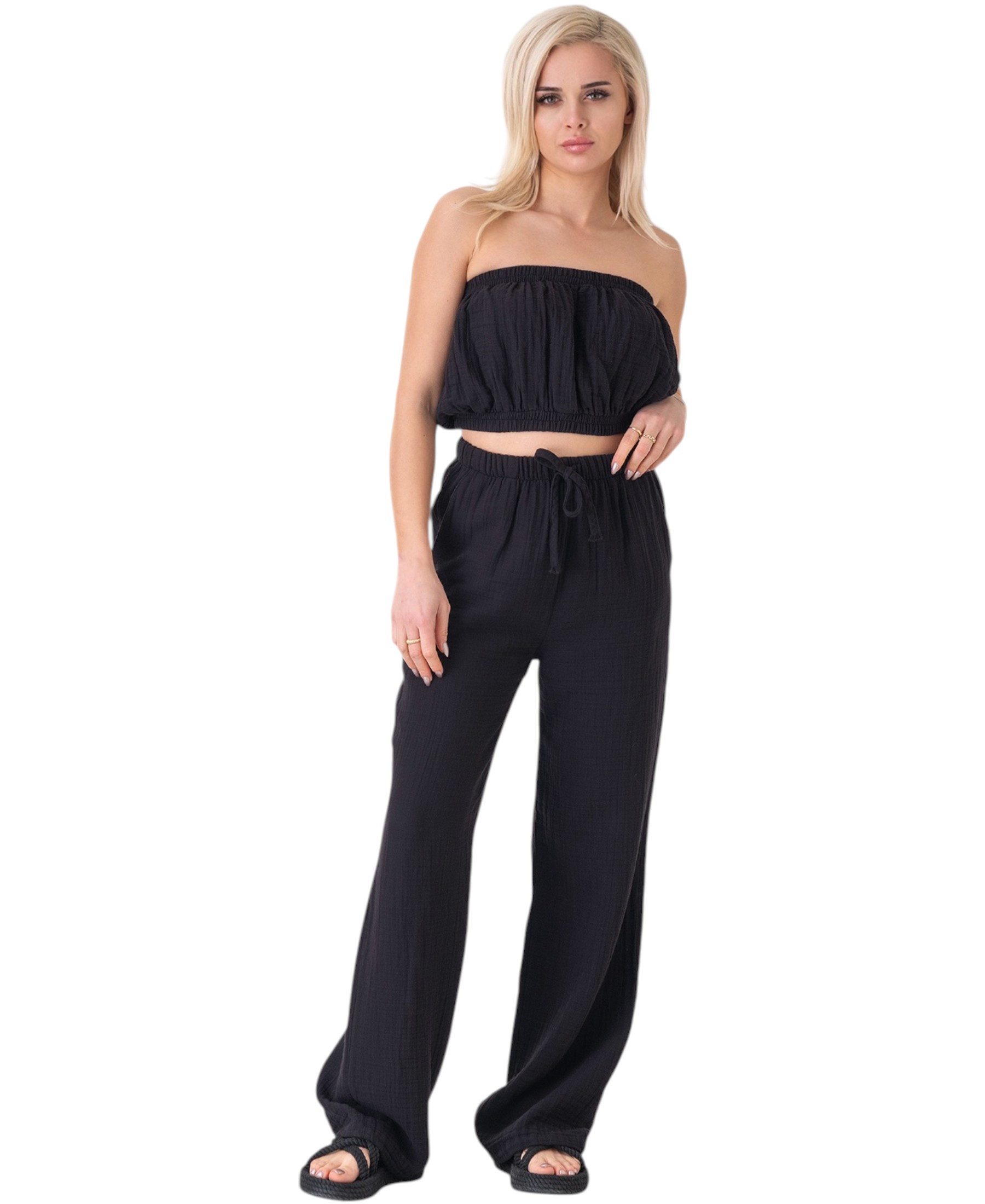 WENOR Palazzohose Musselin Damen Sommerhose 100 % Baumwolle, elastischer Bund Weiter Beinverlauf, Musselinstruktur, luftiger Schnitt